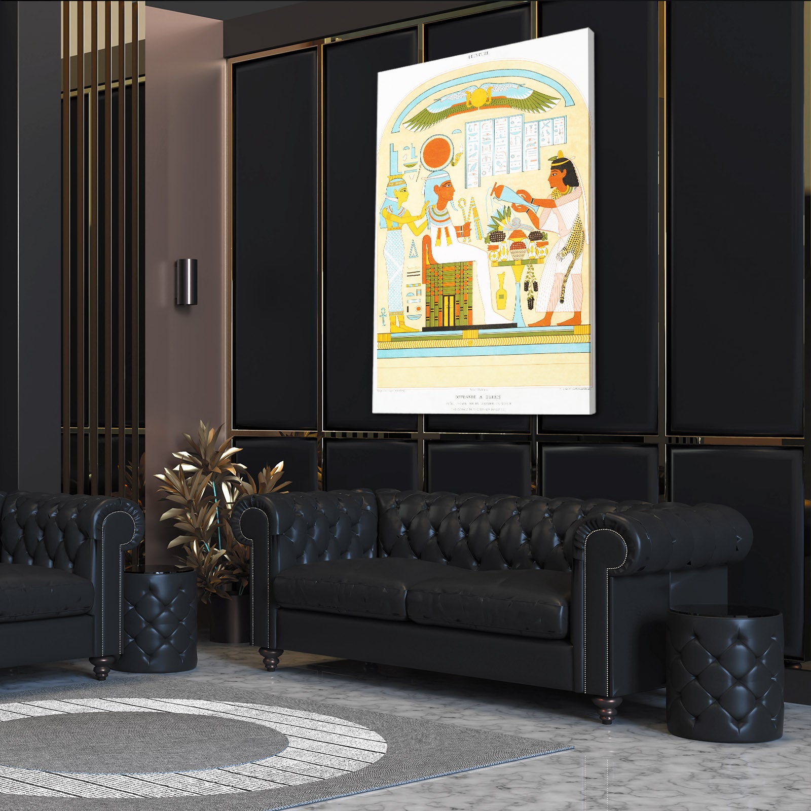 Daily Life Scene Egyptian Wall Art – styled in a furnished interior