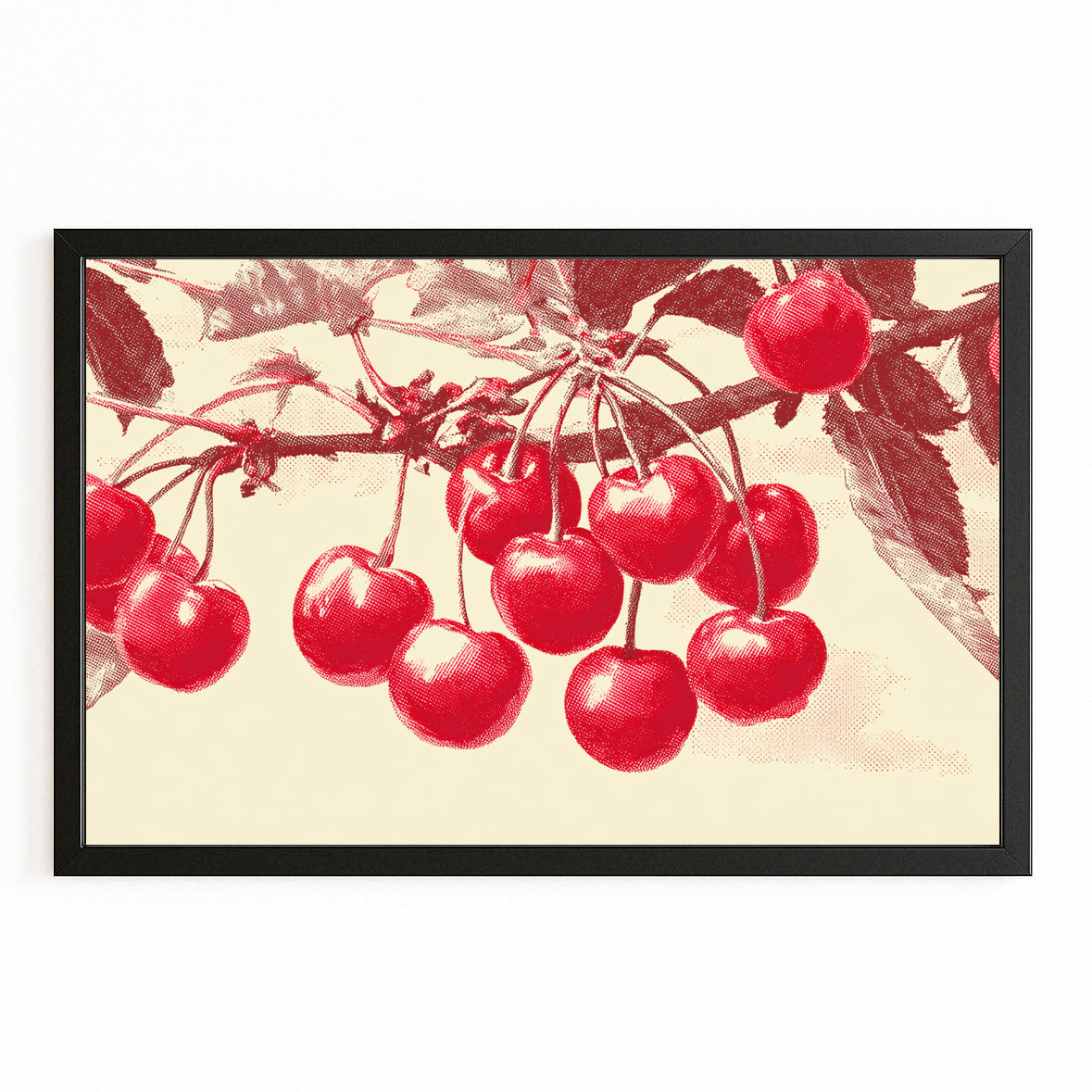 Damask Cherry Branch Fruit Canvas Art – with Premium Black frame on white background
