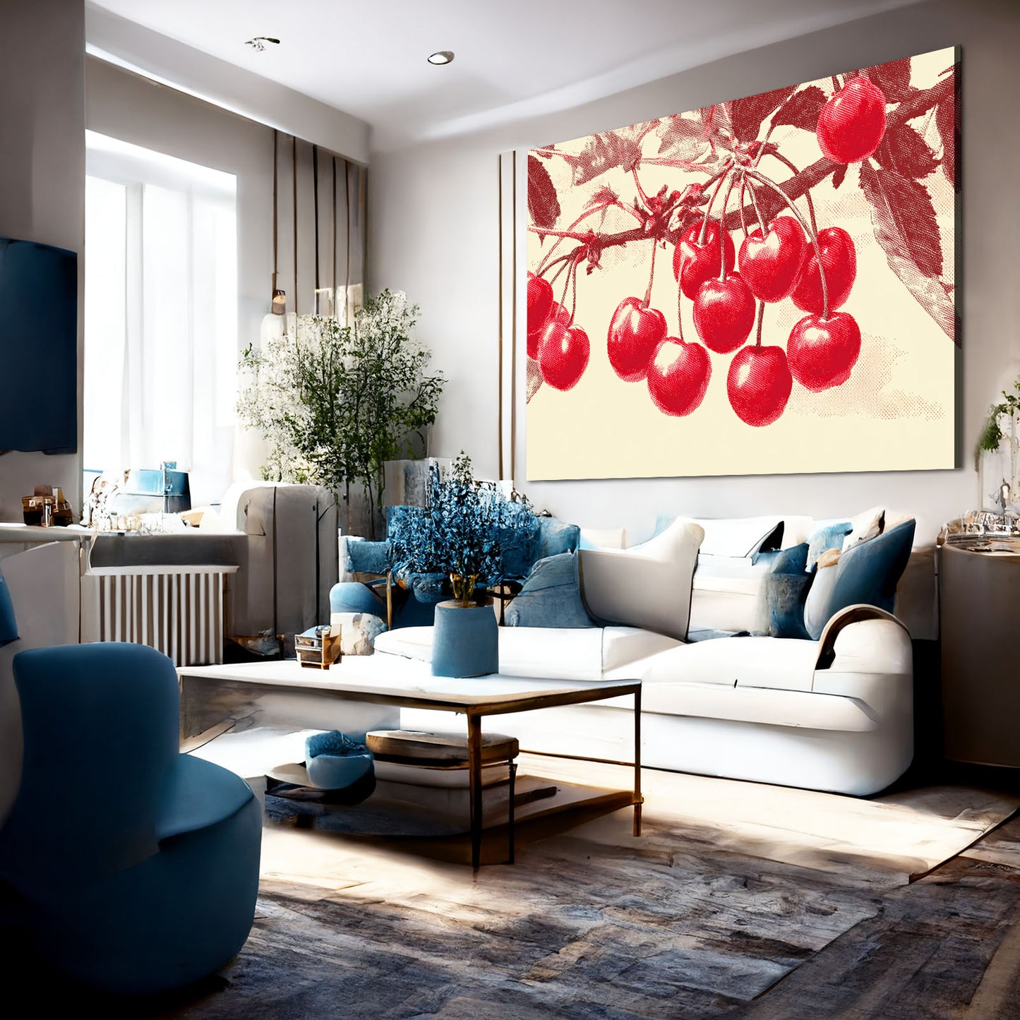 Damask Cherry Branch Fruit Canvas Art – styled in a furnished interior