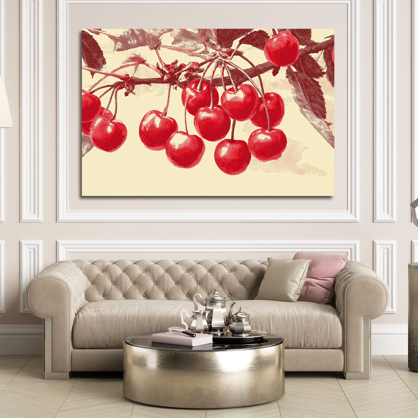 Damask Cherry Branch Fruit Canvas Art – styled in a furnished interior