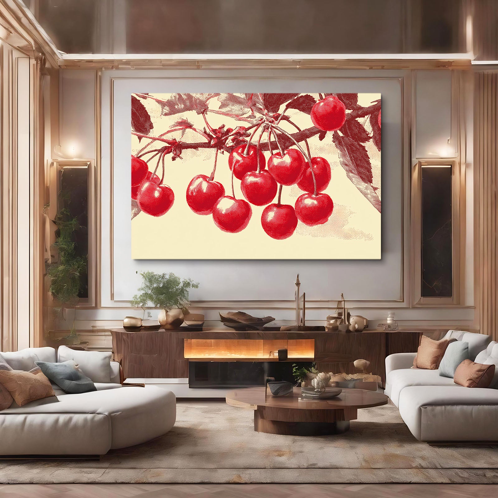 Damask Cherry Branch Fruit Canvas Art – styled in a furnished interior