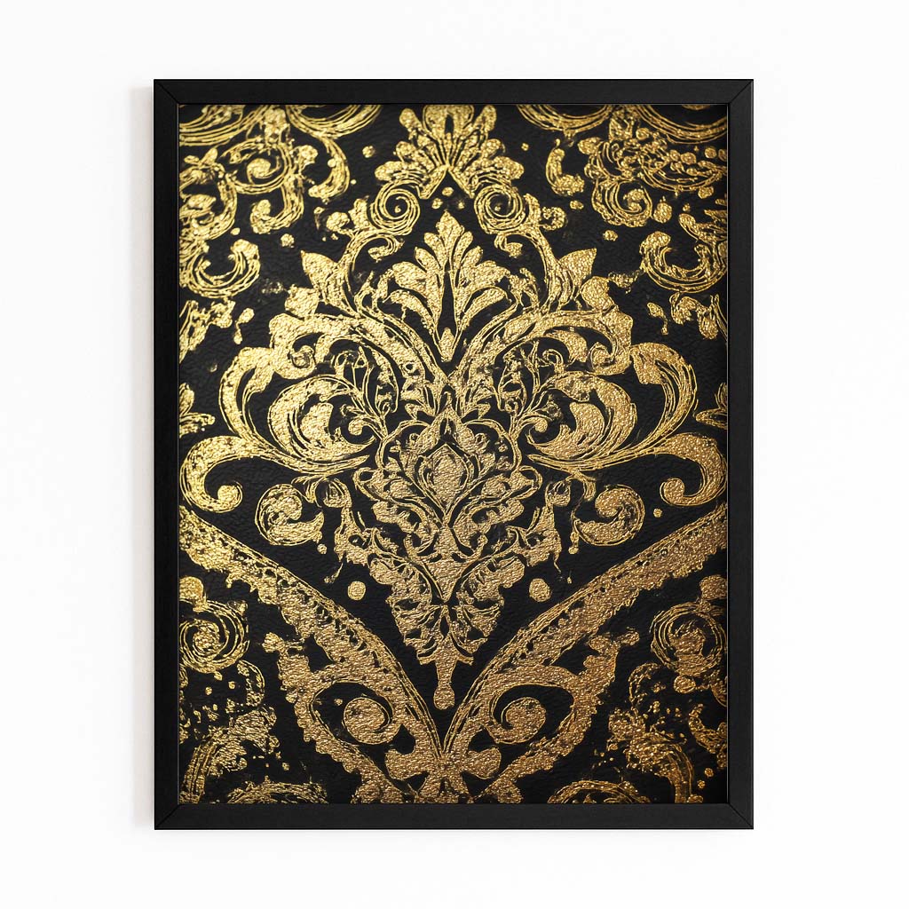 Damask Gold Ornament Canvas Art – with Premium Black frame on white background