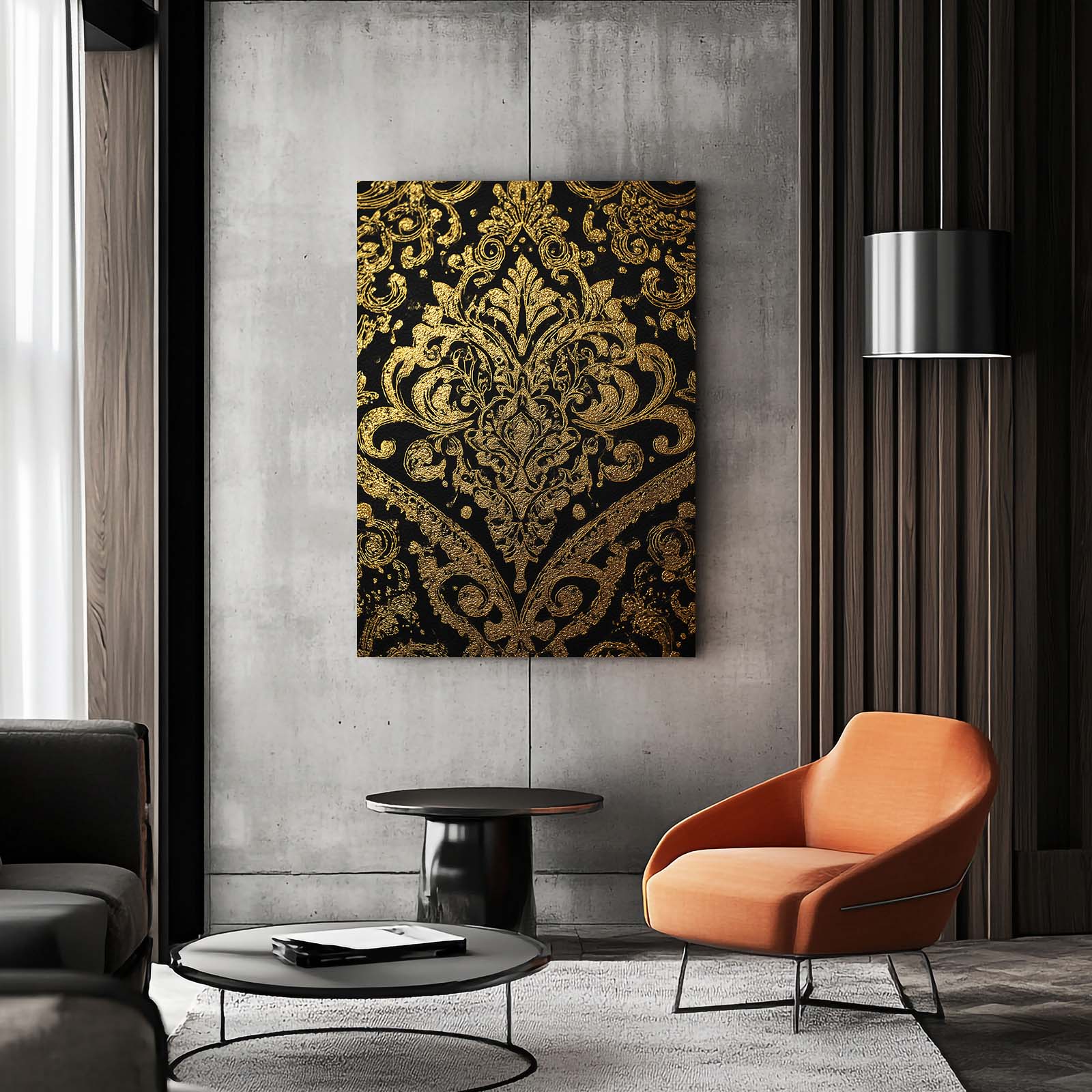 Damask Gold Ornament Canvas Art – styled in a furnished interior