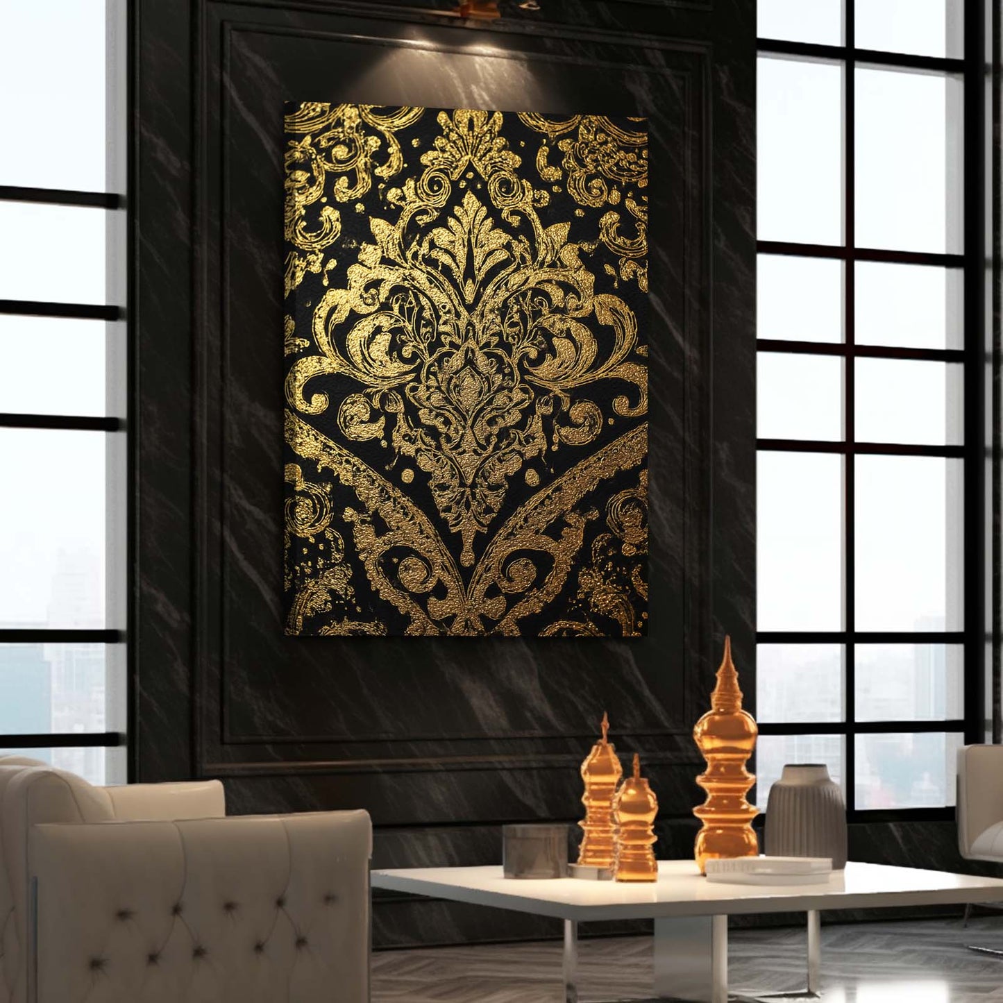 Damask Gold Ornament Canvas Art – styled in a furnished interior