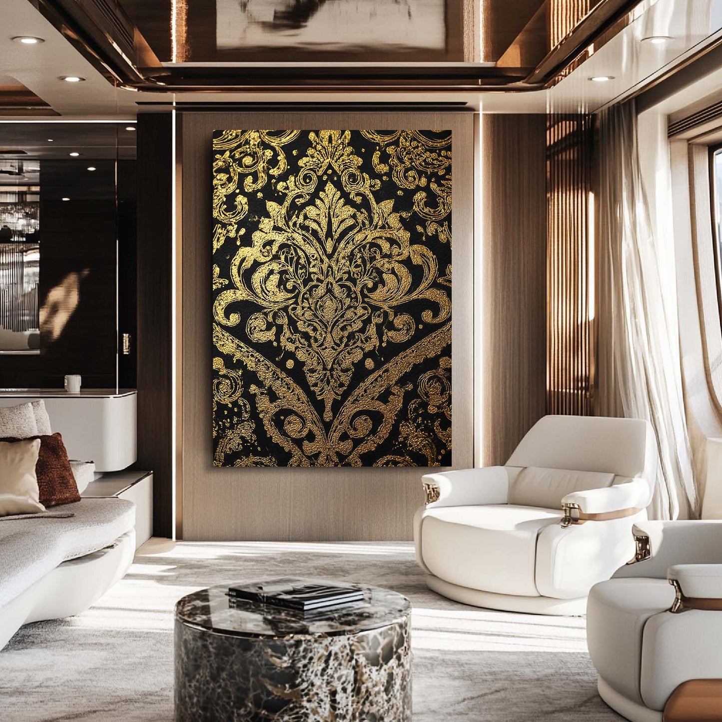 Damask Gold Ornament Canvas Art – styled in a furnished interior