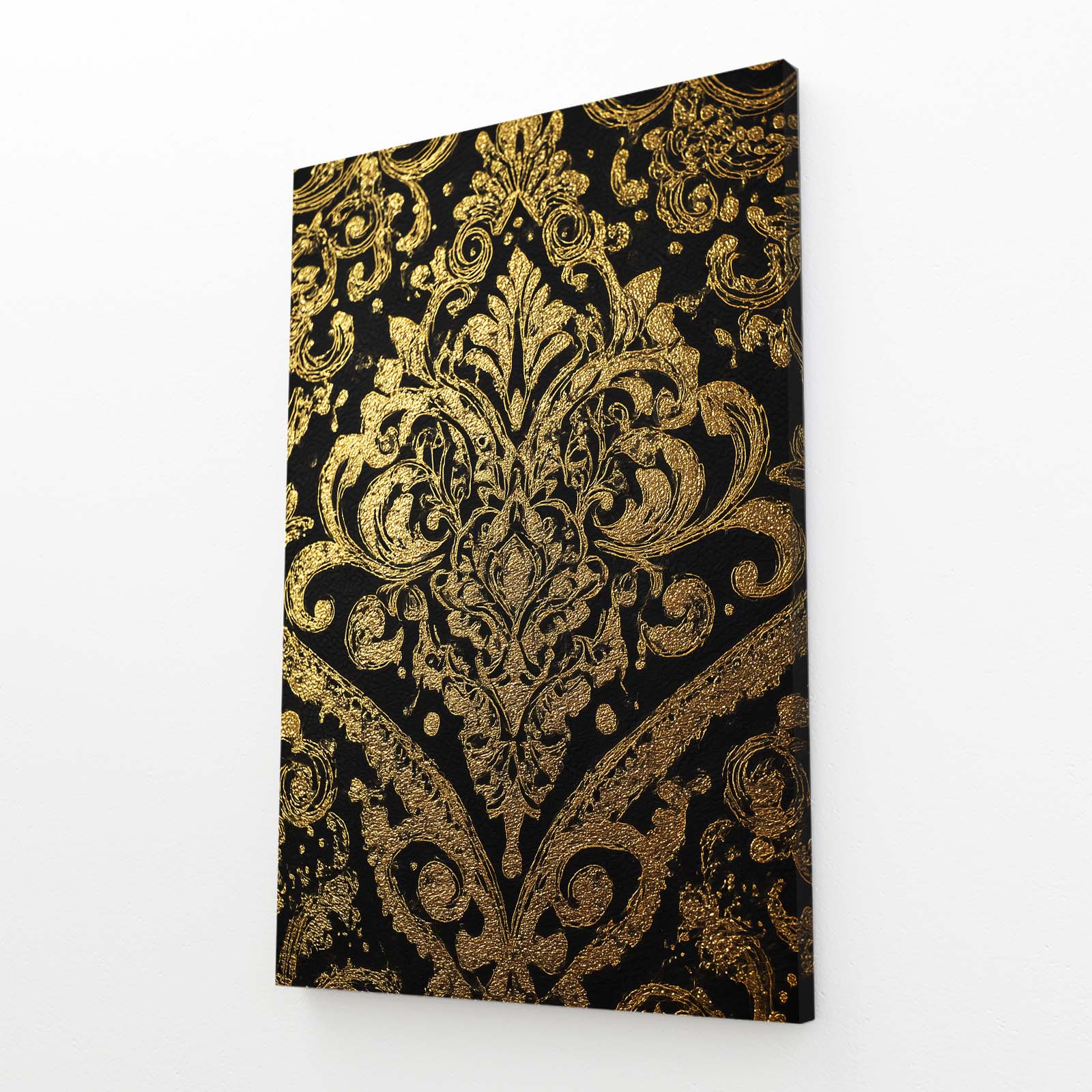 Damask Gold Ornament Canvas Art – angled canvas view on white background