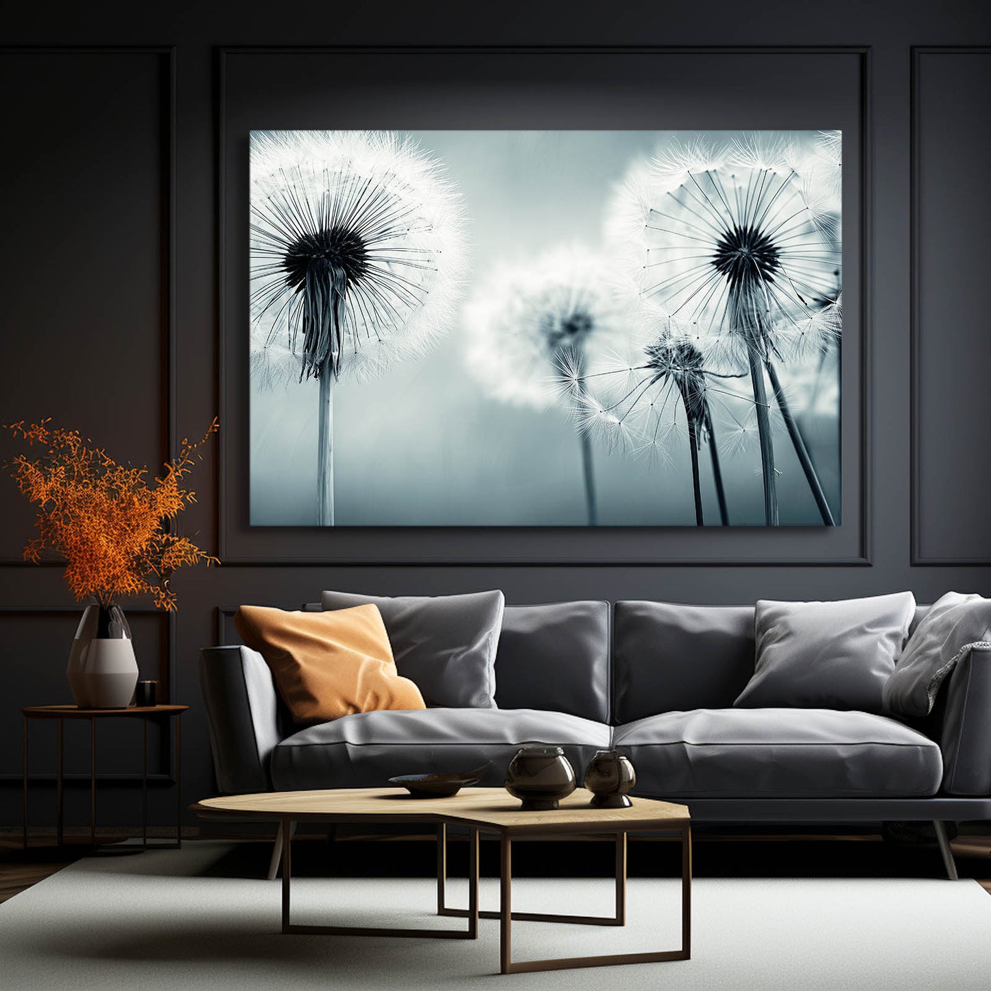 Dandelion Closeup Photography Canvas – styled in a furnished interior