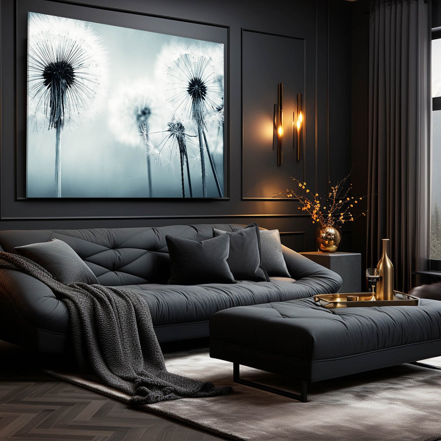 Dandelion Closeup Photography Canvas – styled in a furnished interior