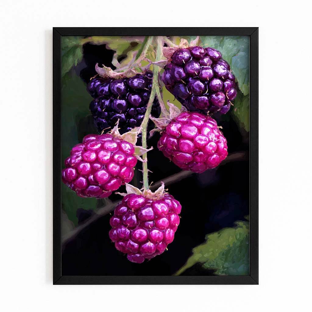 Dark Berries Branch Fruit Prints – with Premium Black frame on white background