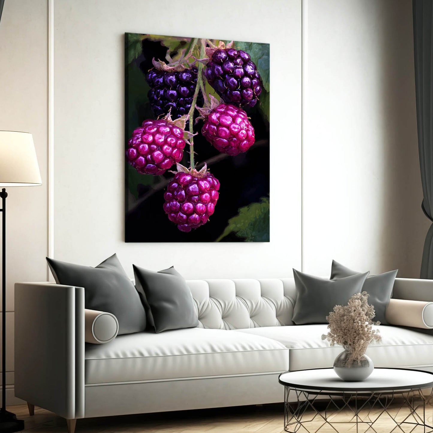 Dark Berries Branch Fruit Prints – styled in a furnished interior