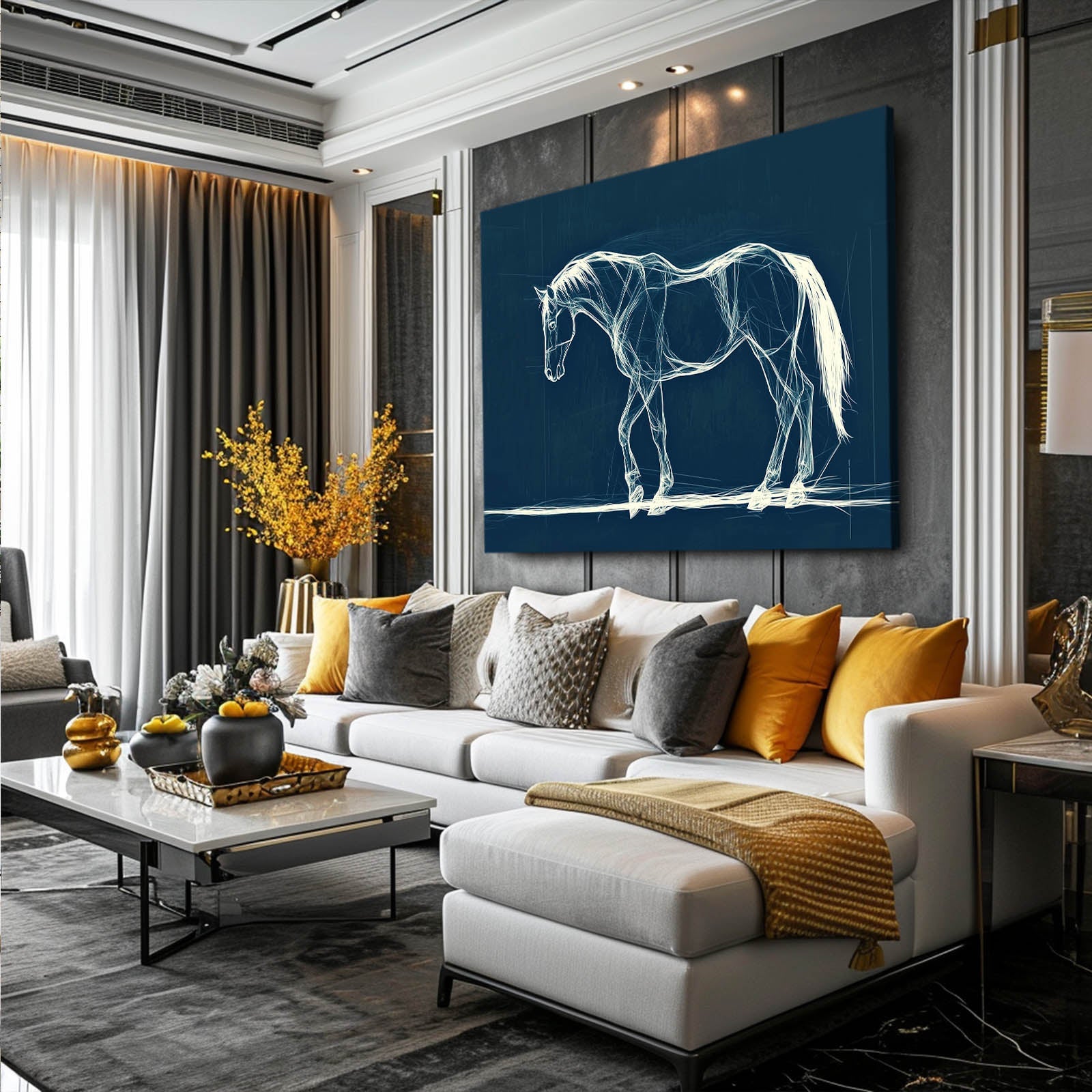 Dark Blue Horse Wall Art – angled canvas view on white background