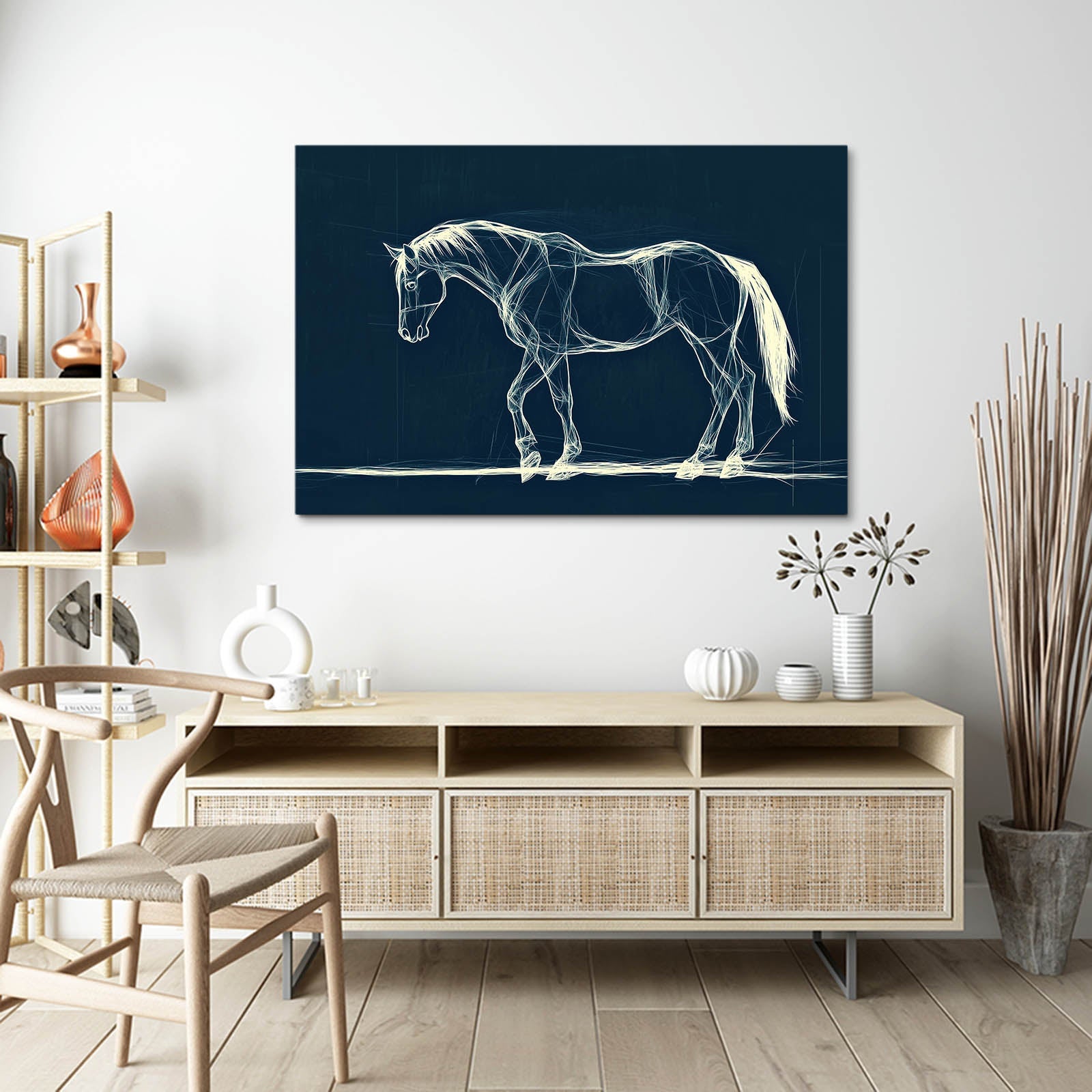 Dark Blue Horse Wall Art – angled canvas view on white background