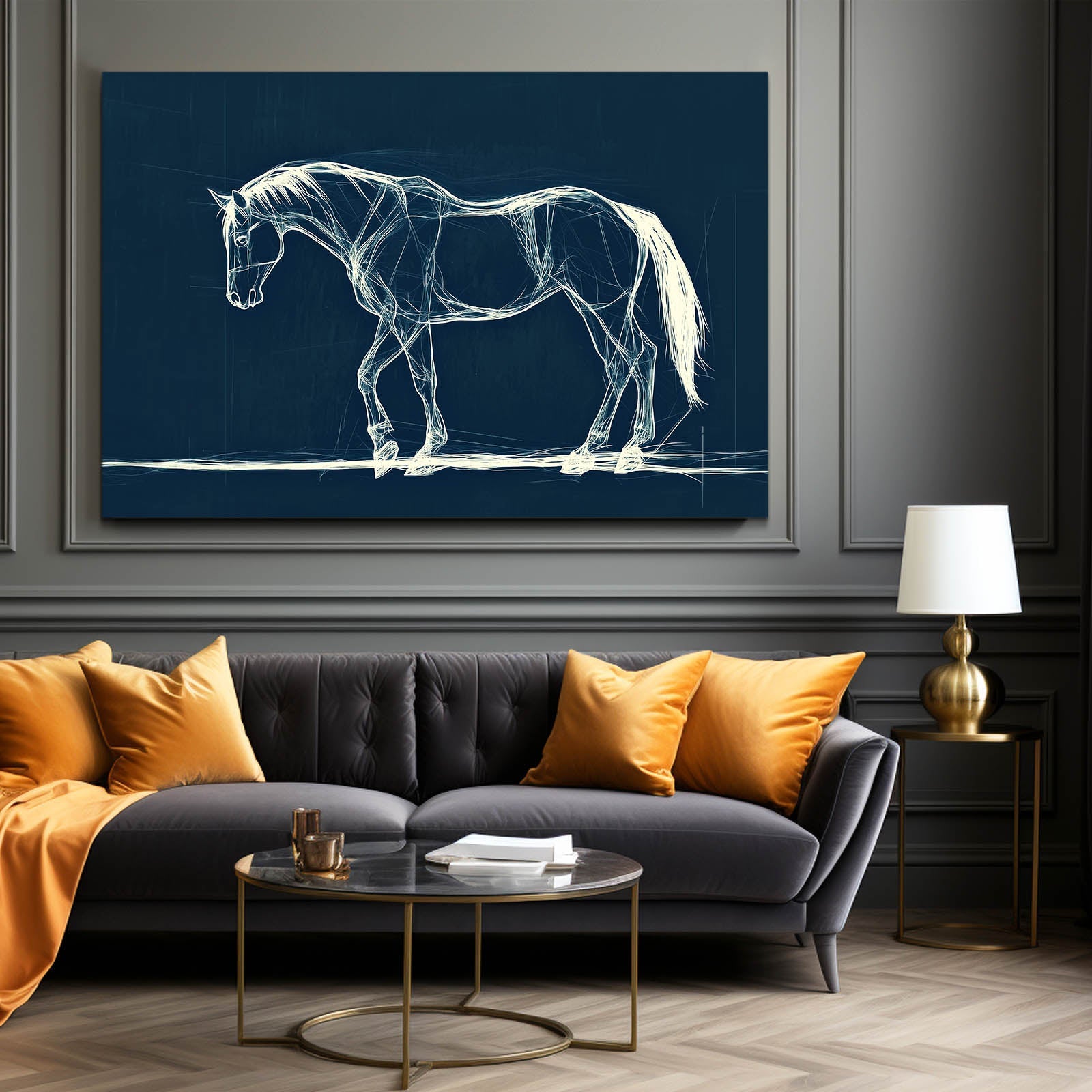 Dark Blue Horse Wall Art – angled canvas view on white background