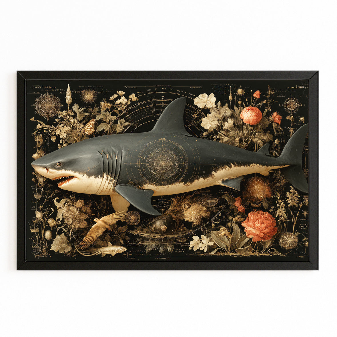 Dark Botanical Ornate Shark Wall Decor – with Premium Black frame on white background