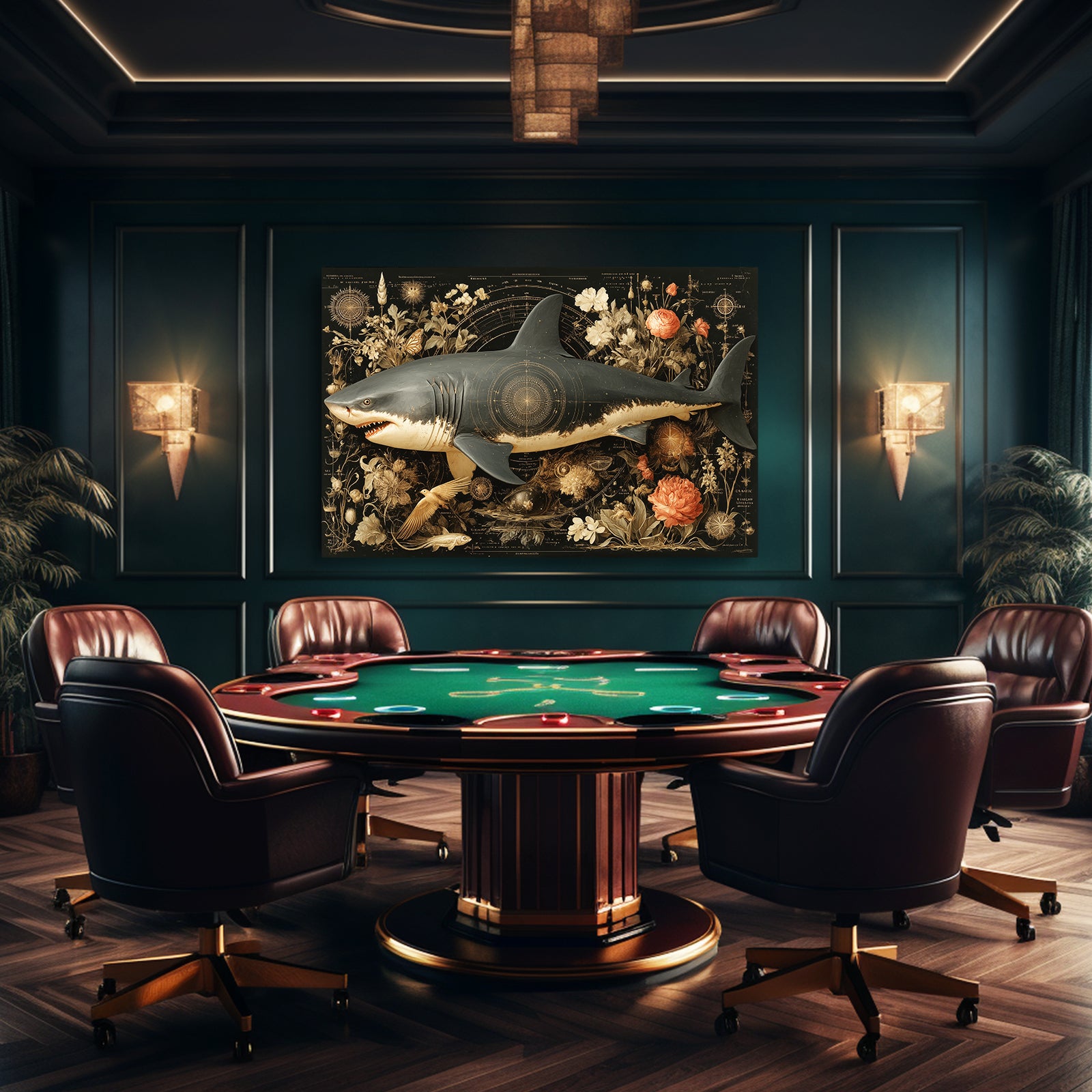 Dark Botanical Ornate Shark Wall Decor – styled in a furnished interior