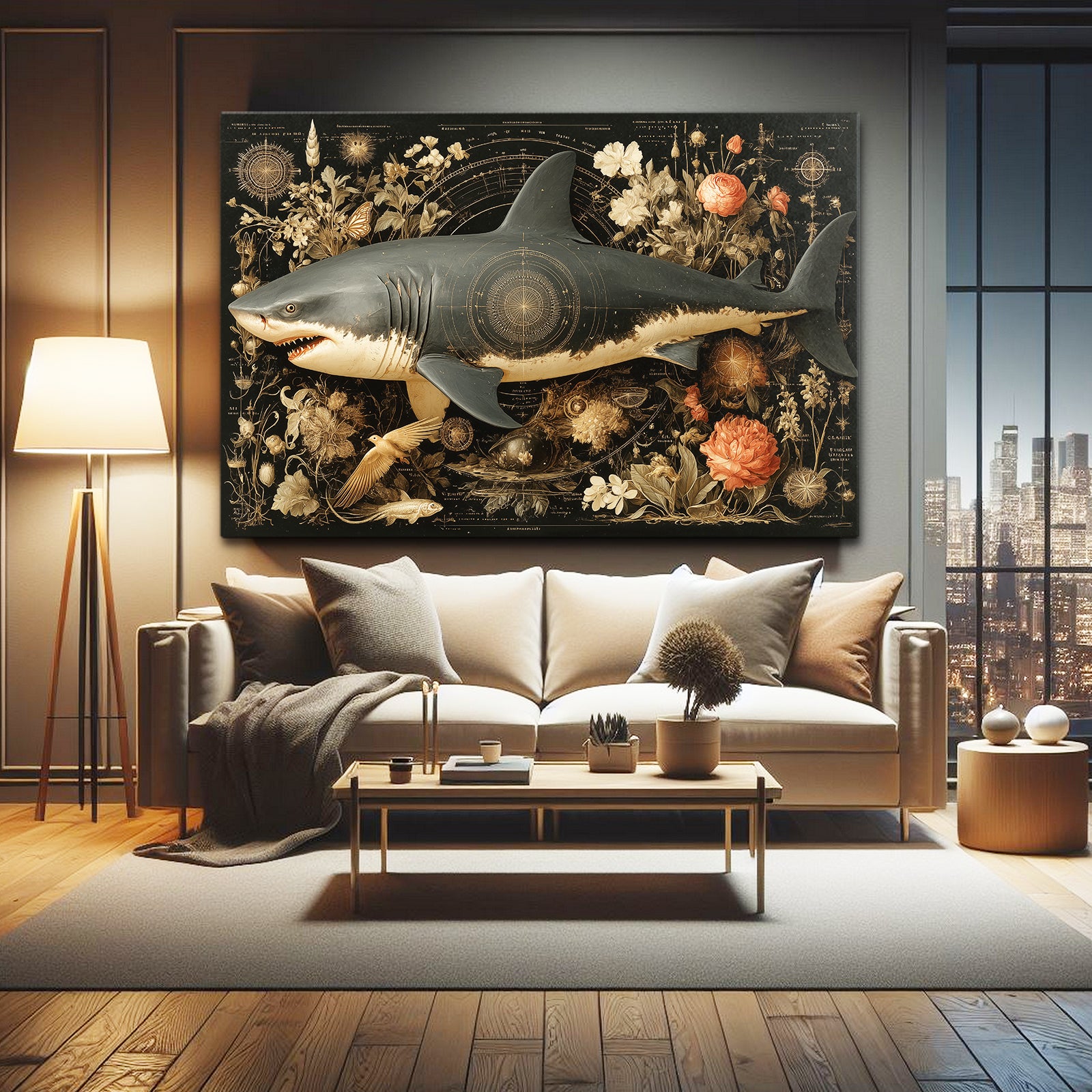 Dark Botanical Ornate Shark Wall Decor – styled in a furnished interior