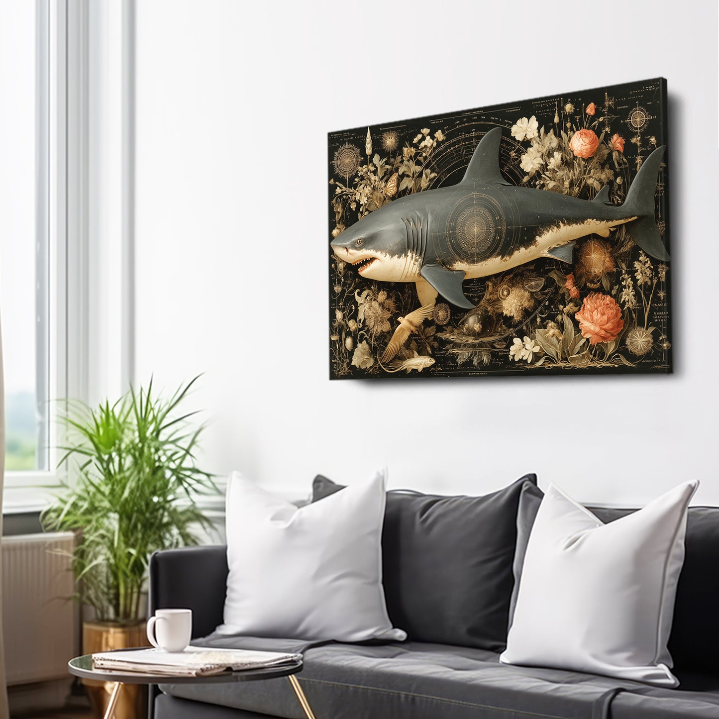 Dark Botanical Ornate Shark Wall Decor – styled in a furnished interior