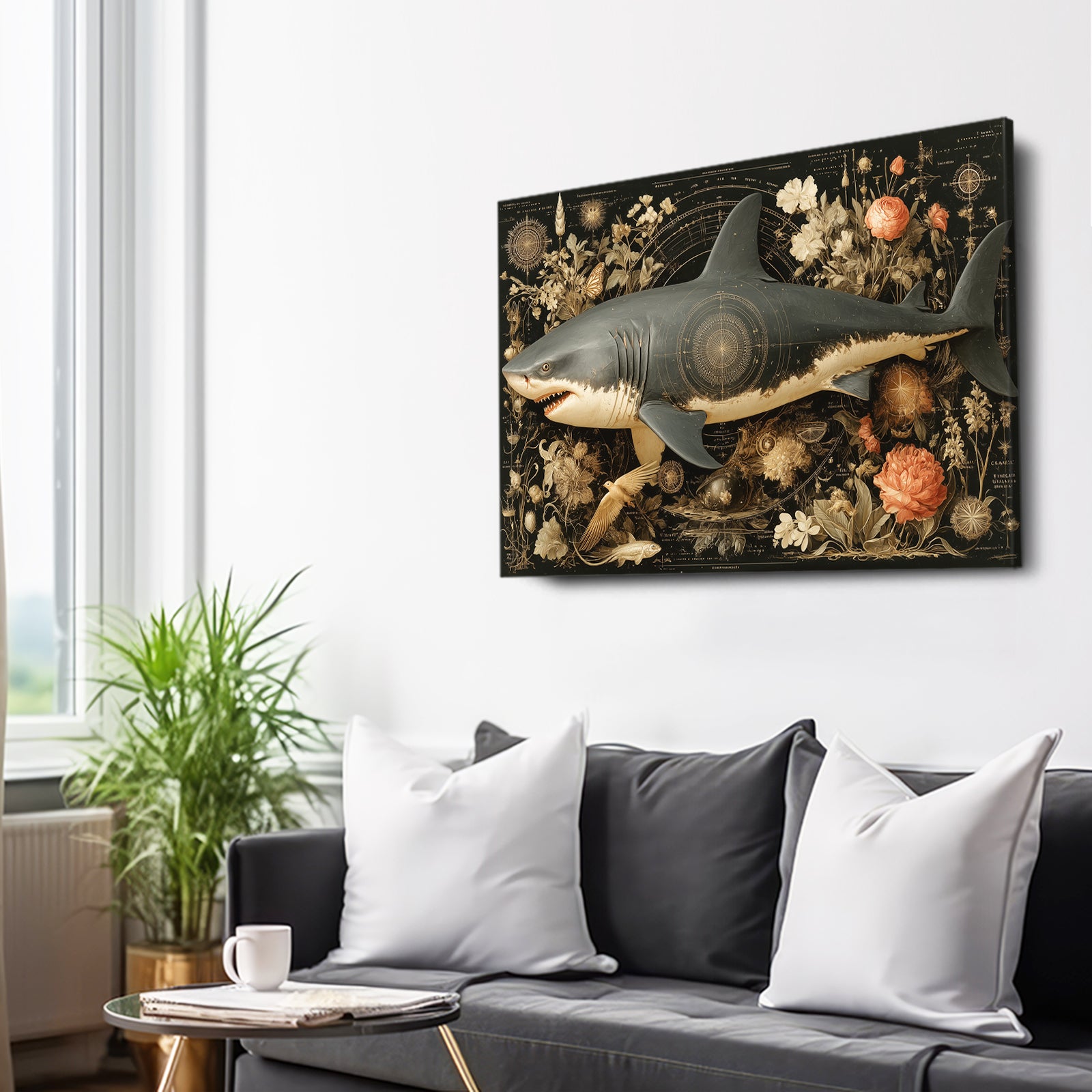 Dark Botanical Ornate Shark Wall Decor – styled in a furnished interior