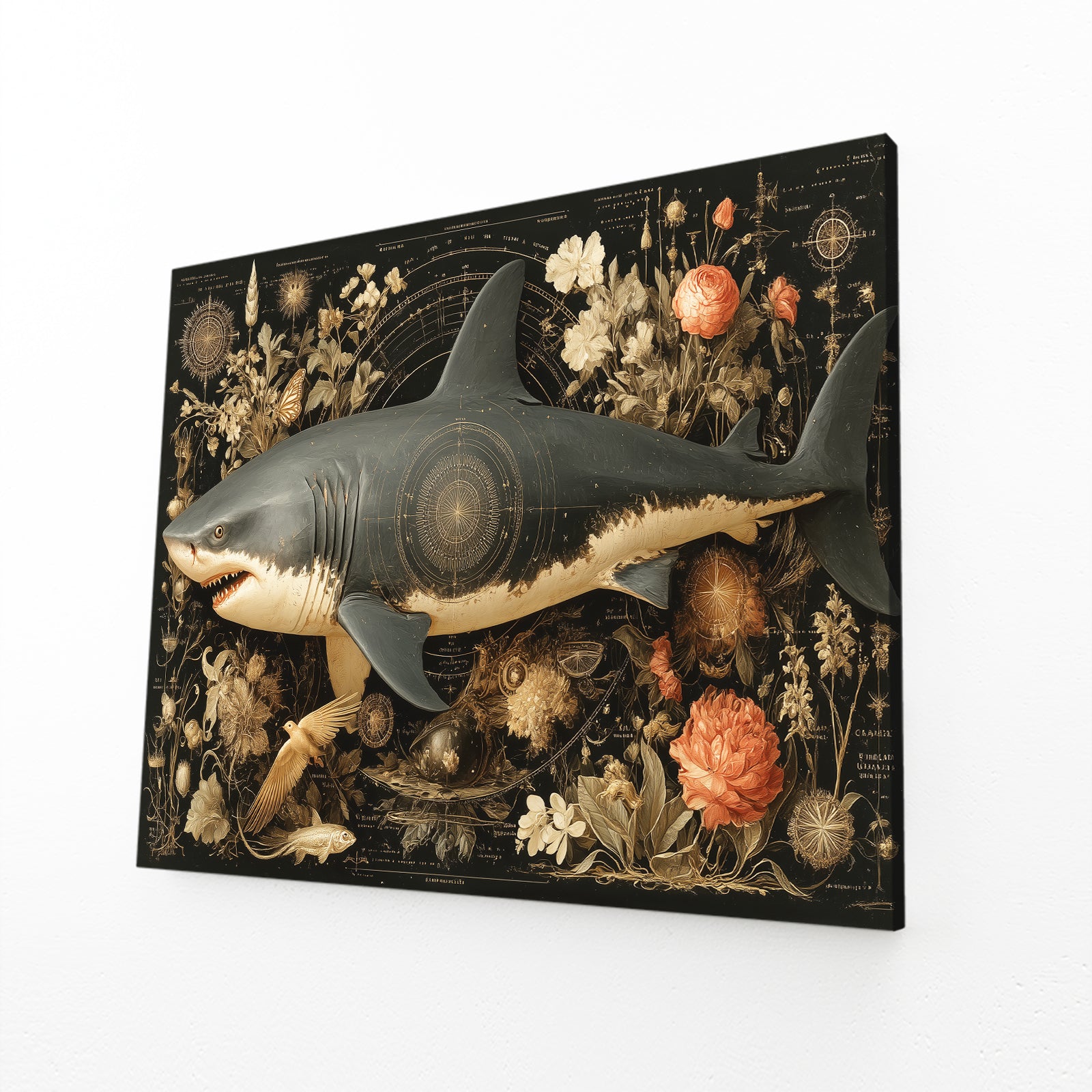 Dark Botanical Ornate Shark Wall Decor – angled canvas view on white background