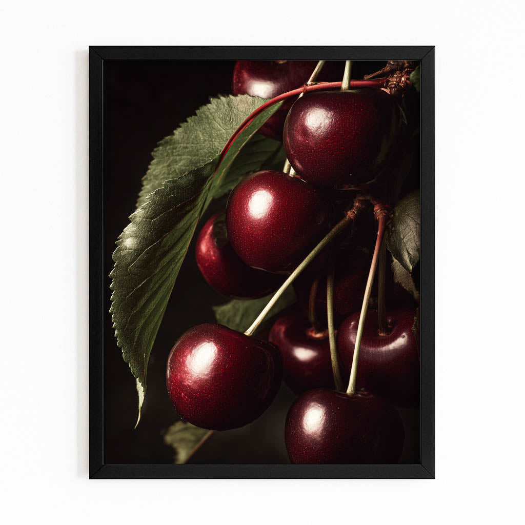Dark Cherries Bunch Fruit Canvas Art – with Premium Black frame on white background