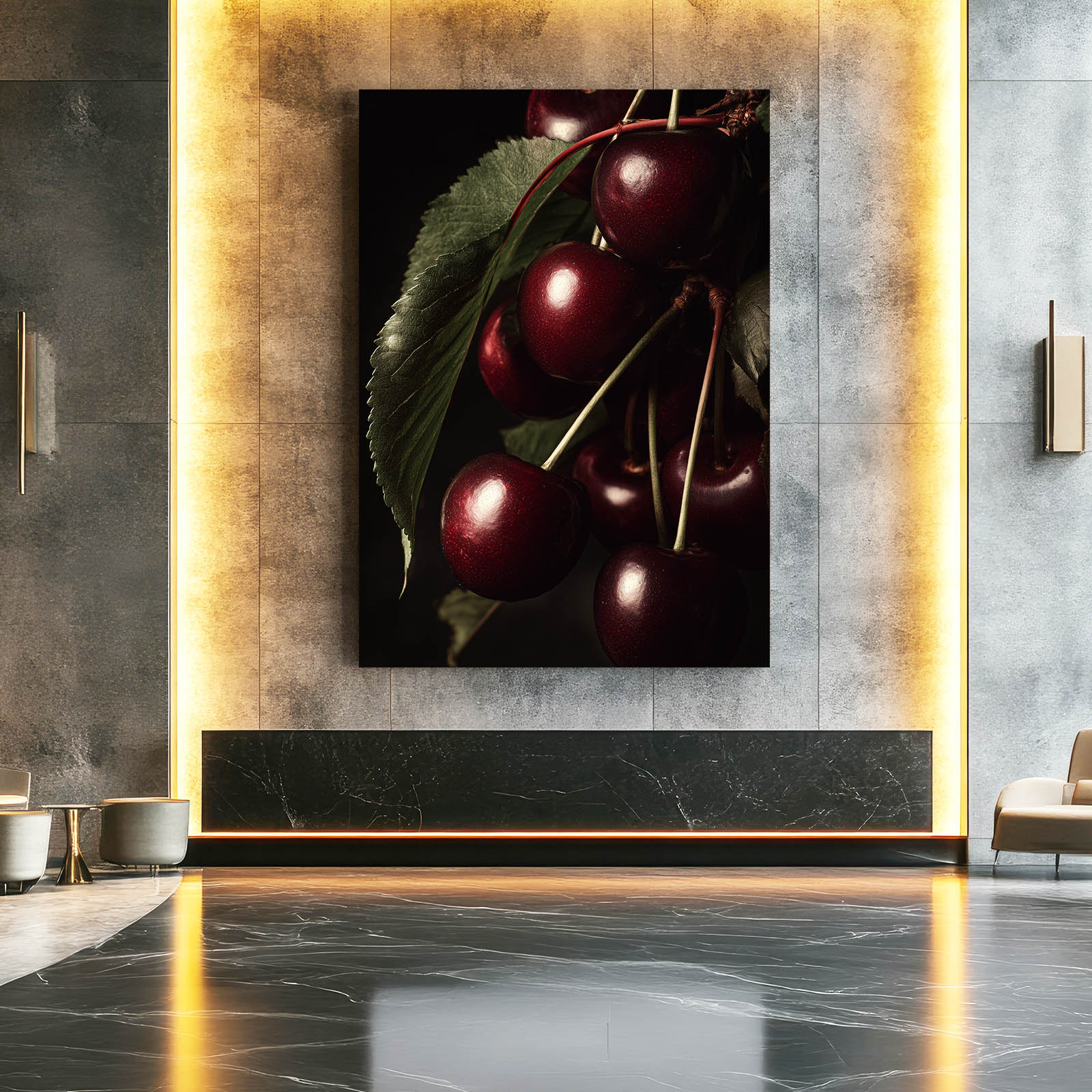 Dark Cherries Bunch Fruit Canvas Art – styled in a furnished interior