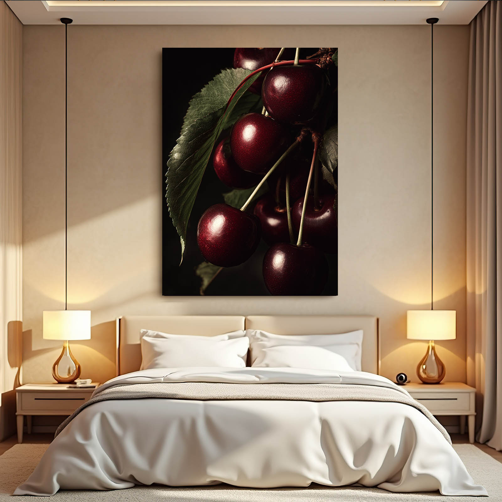 Dark Cherries Bunch Fruit Canvas Art – styled in a furnished interior