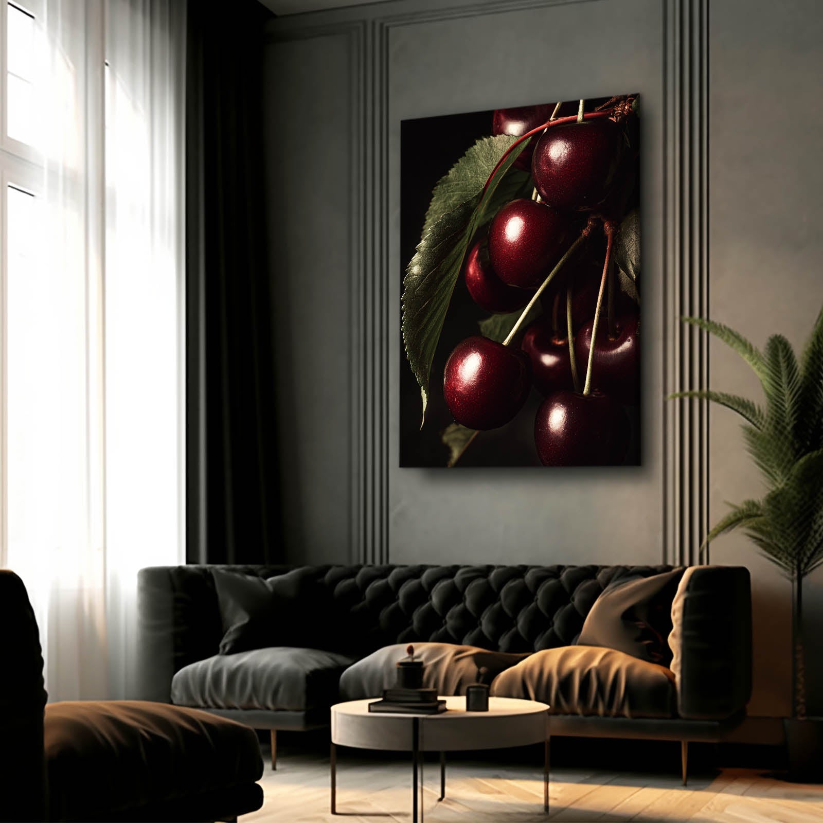 Dark Cherries Bunch Fruit Canvas Art – styled in a furnished interior