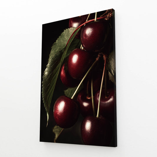 Dark Cherries Bunch Fruit Canvas Art – angled canvas view on white background