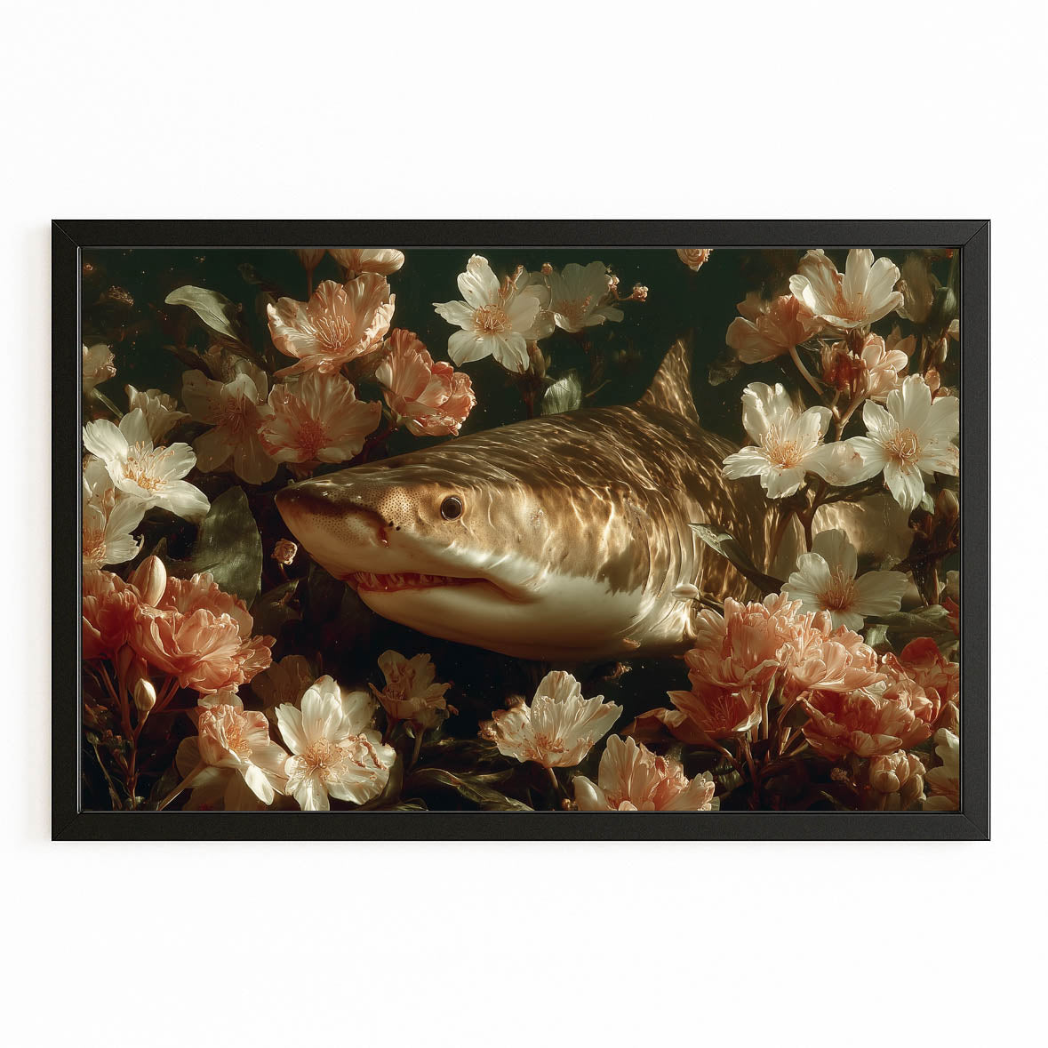 Dark Floral Shark Wall Decor – with Premium Black frame on white background