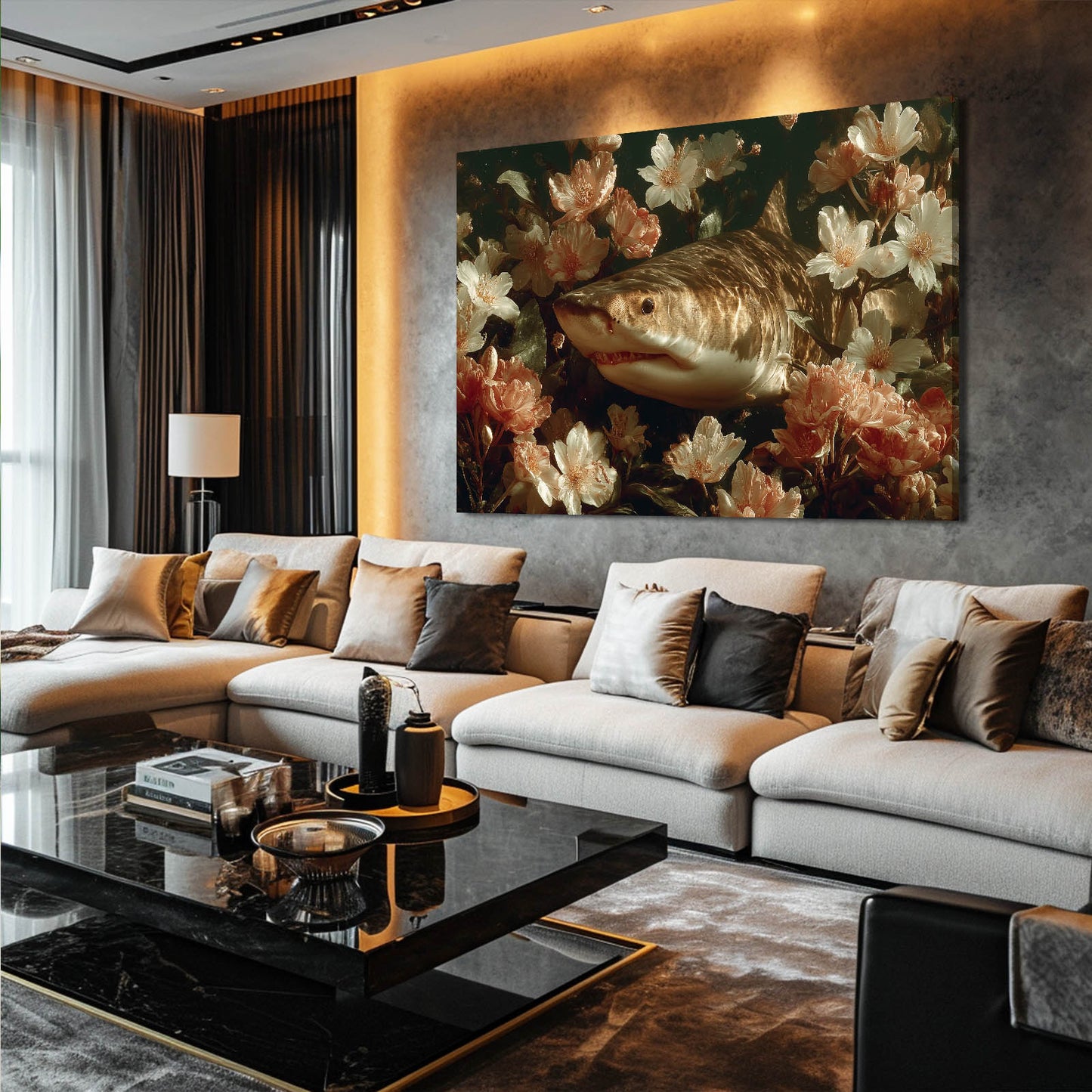 Dark Floral Shark Wall Decor – styled in a furnished interior