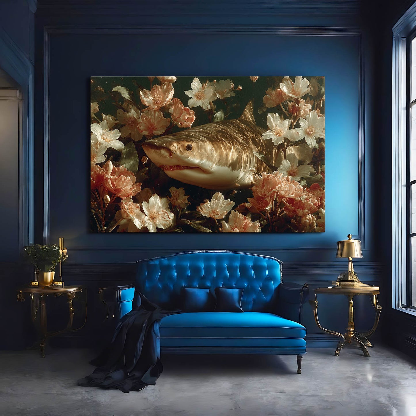 Dark Floral Shark Wall Decor – styled in a furnished interior