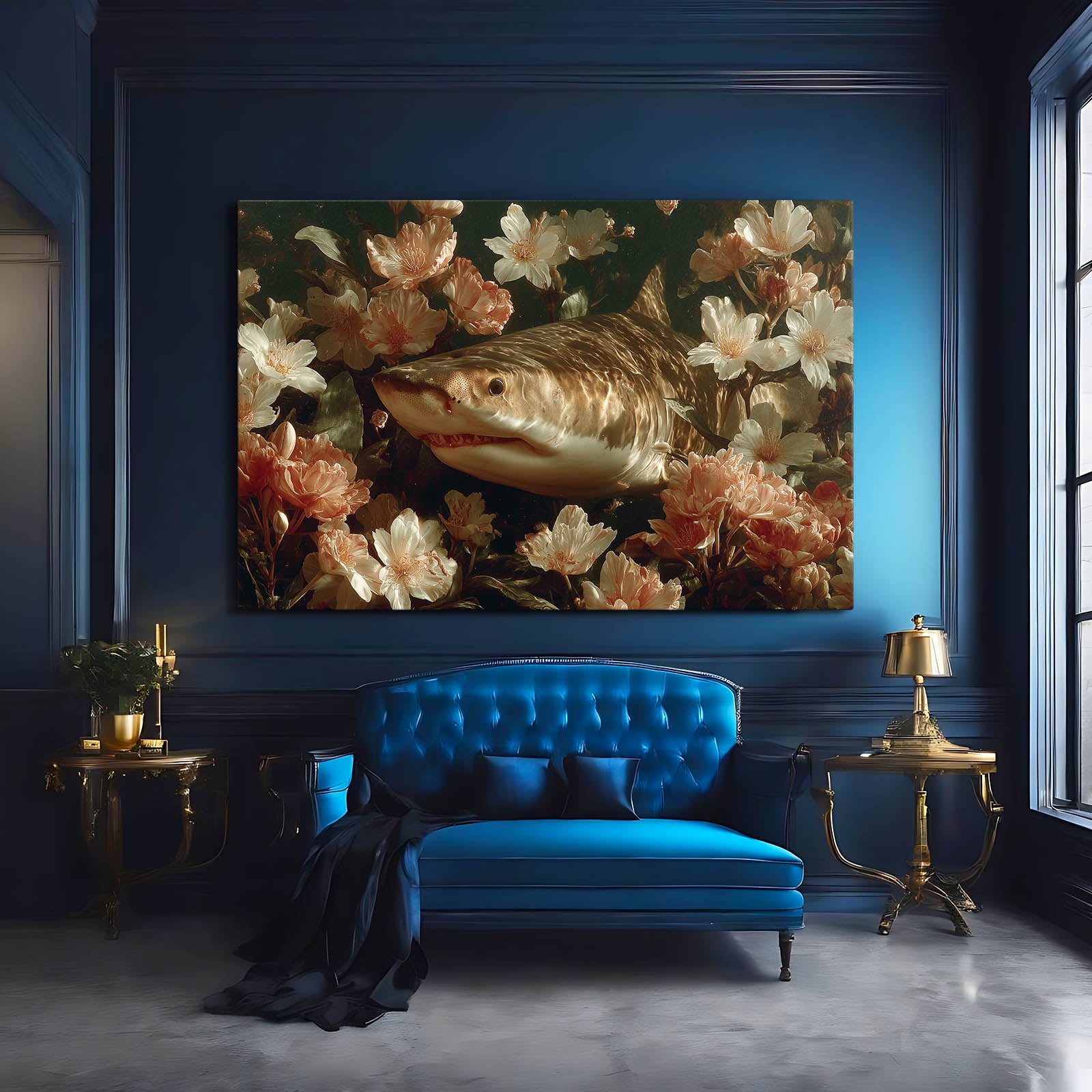 Dark Floral Shark Wall Decor – styled in a furnished interior