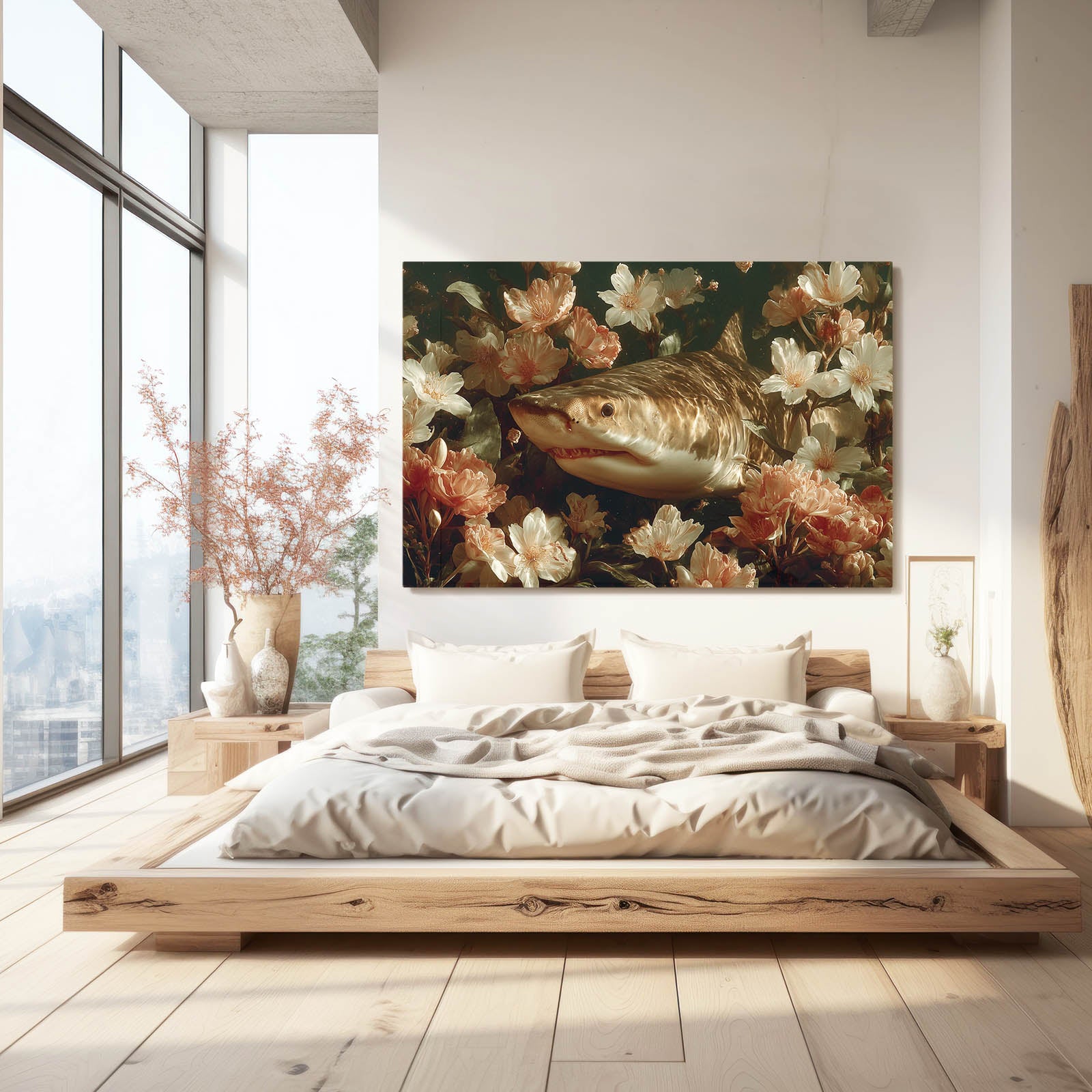Dark Floral Shark Wall Decor – styled in a furnished interior