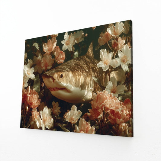 Dark Floral Shark Wall Decor – angled canvas view on white background