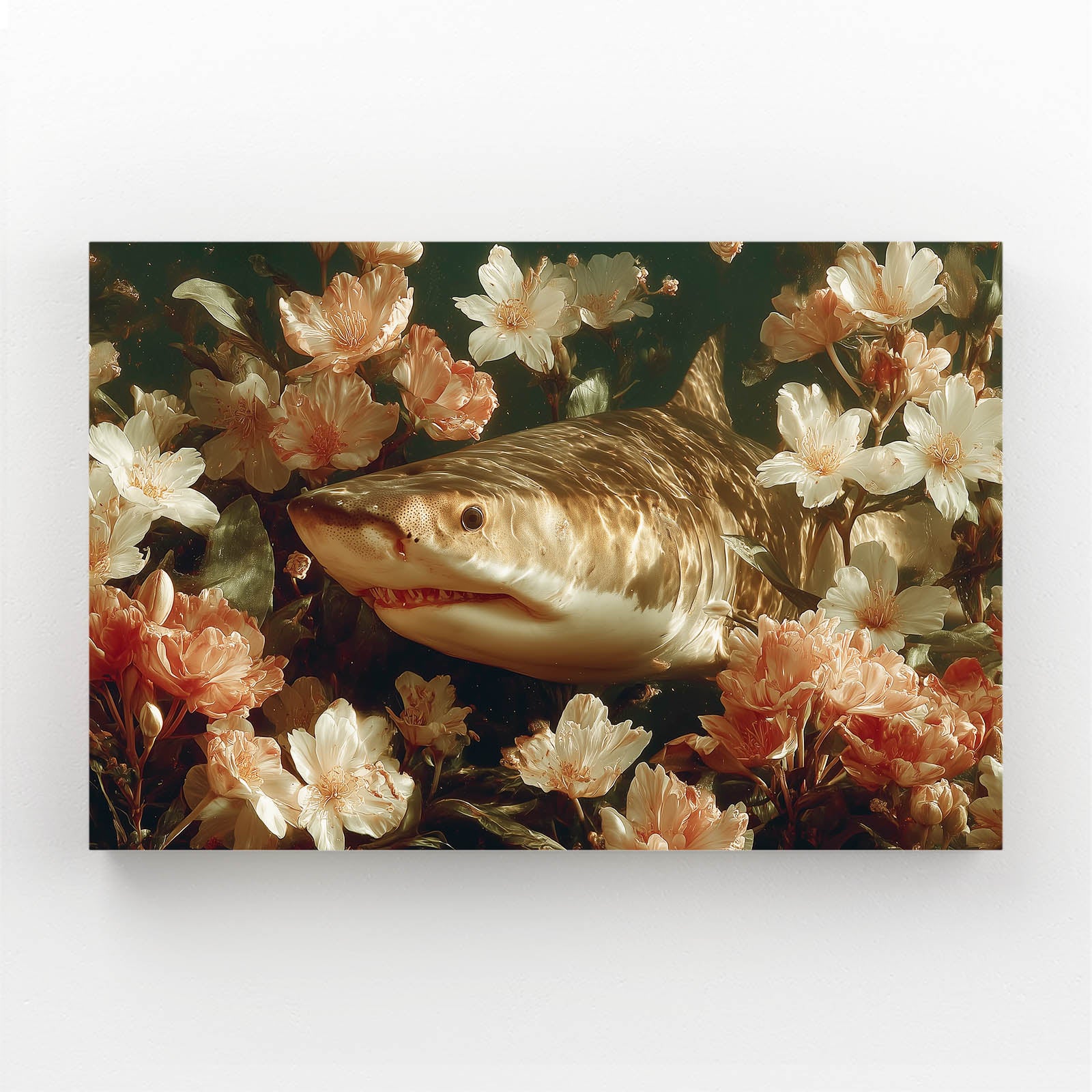 Dark Floral Shark Wall Decor – canvas print on white background
