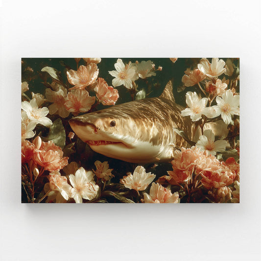 Dark Floral Shark Wall Decor – canvas print on white background