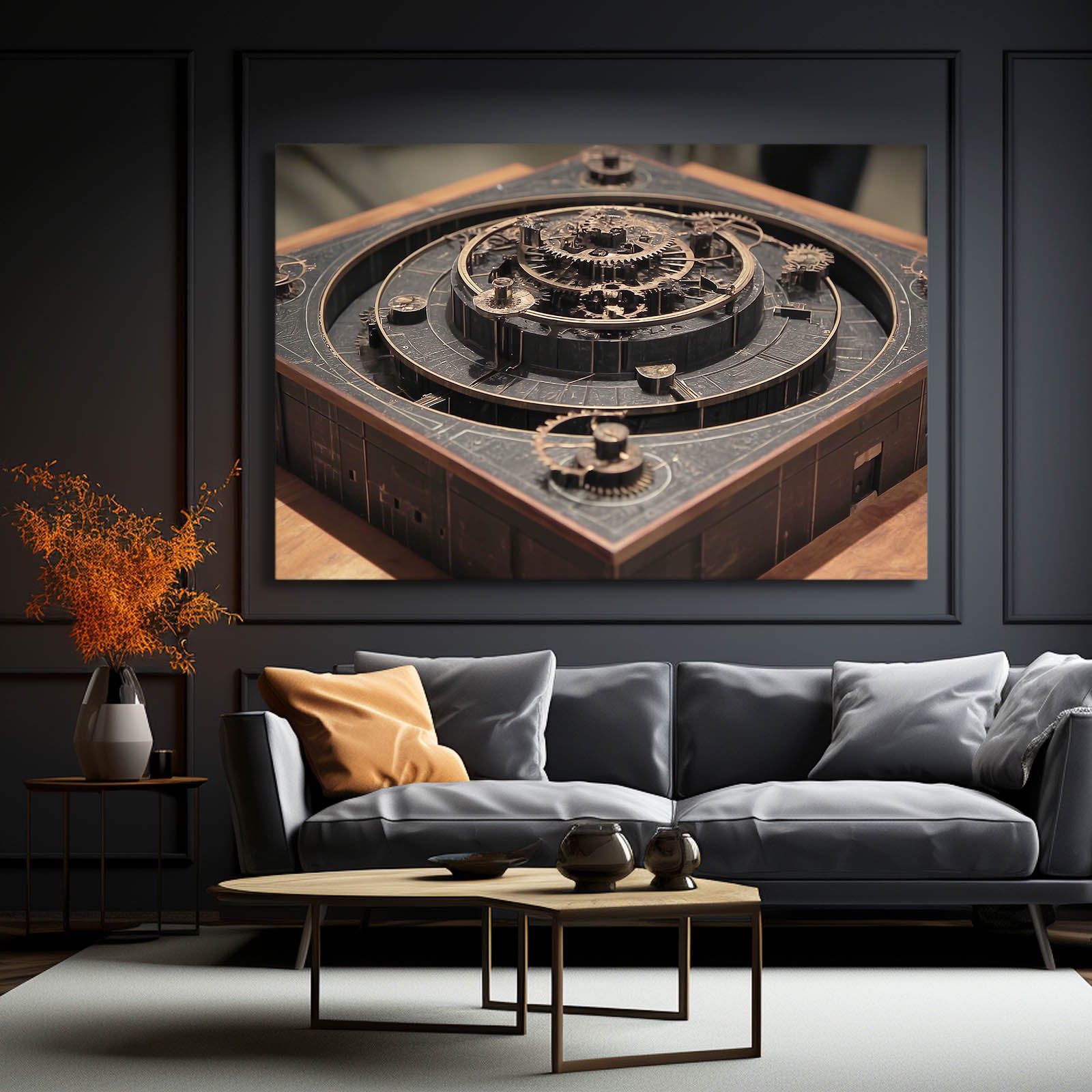Dark Gear Labyrinth Steampunk Canvas – styled in a furnished interior