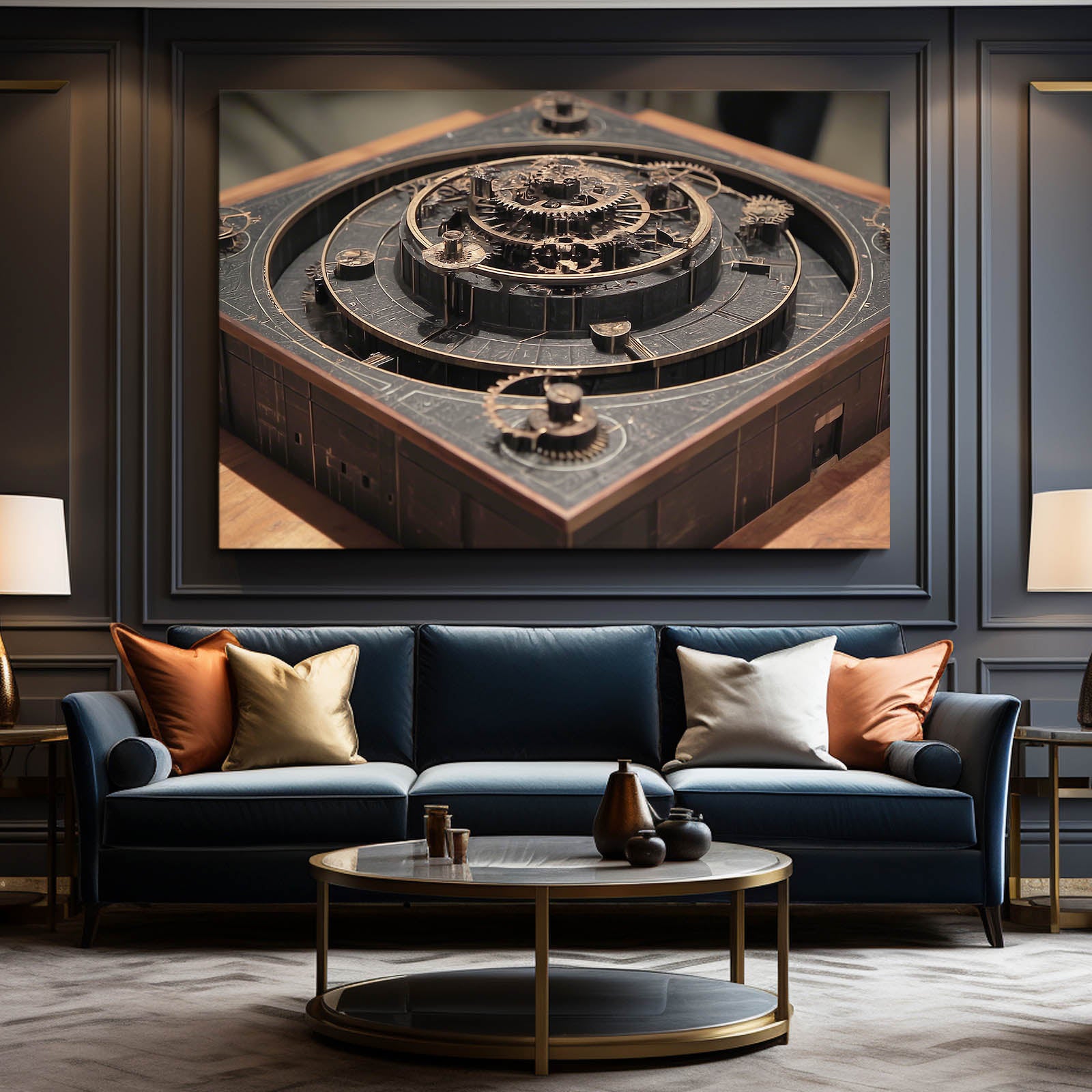 Dark Gear Labyrinth Steampunk Canvas – styled in a furnished interior