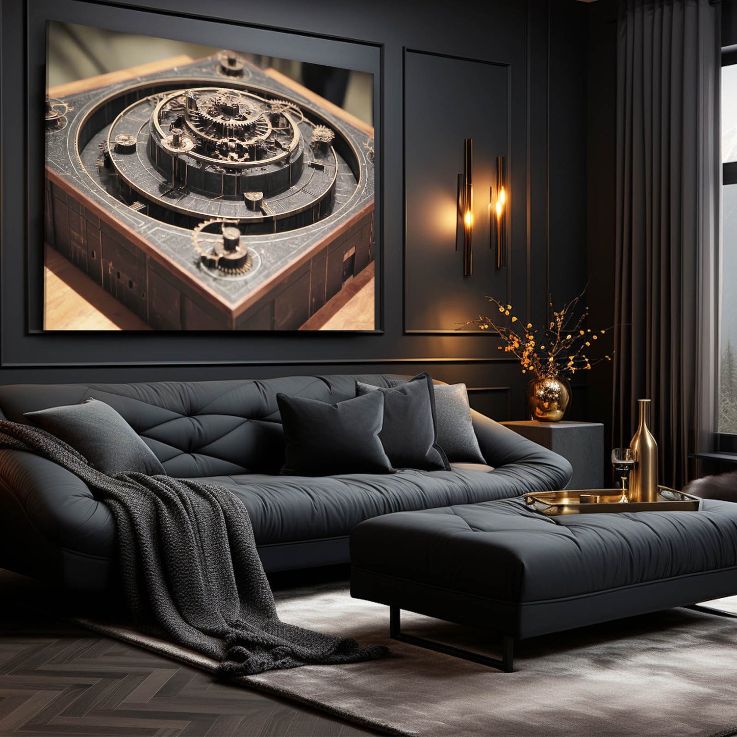 Dark Gear Labyrinth Steampunk Canvas – styled in a furnished interior