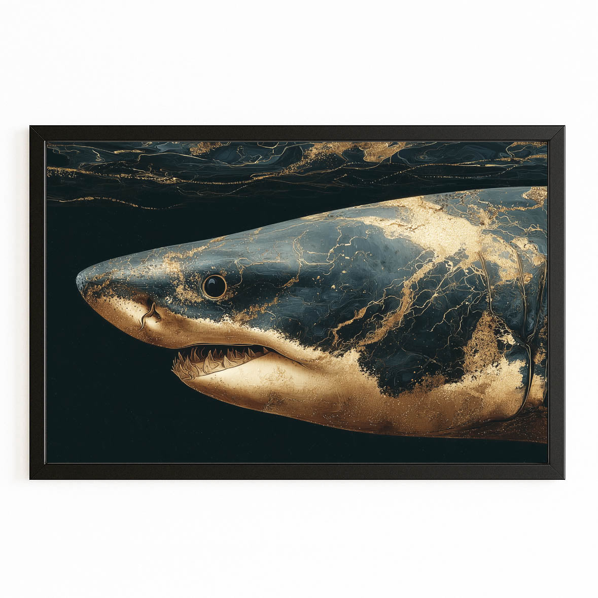 Dark Gold Marble Shark Canvas Art – with Premium Black frame on white background