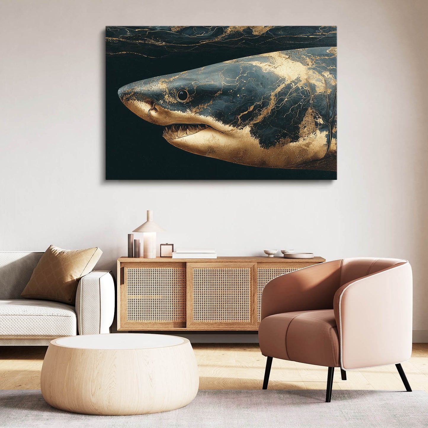 Dark Gold Marble Shark Canvas Art – styled in a furnished interior