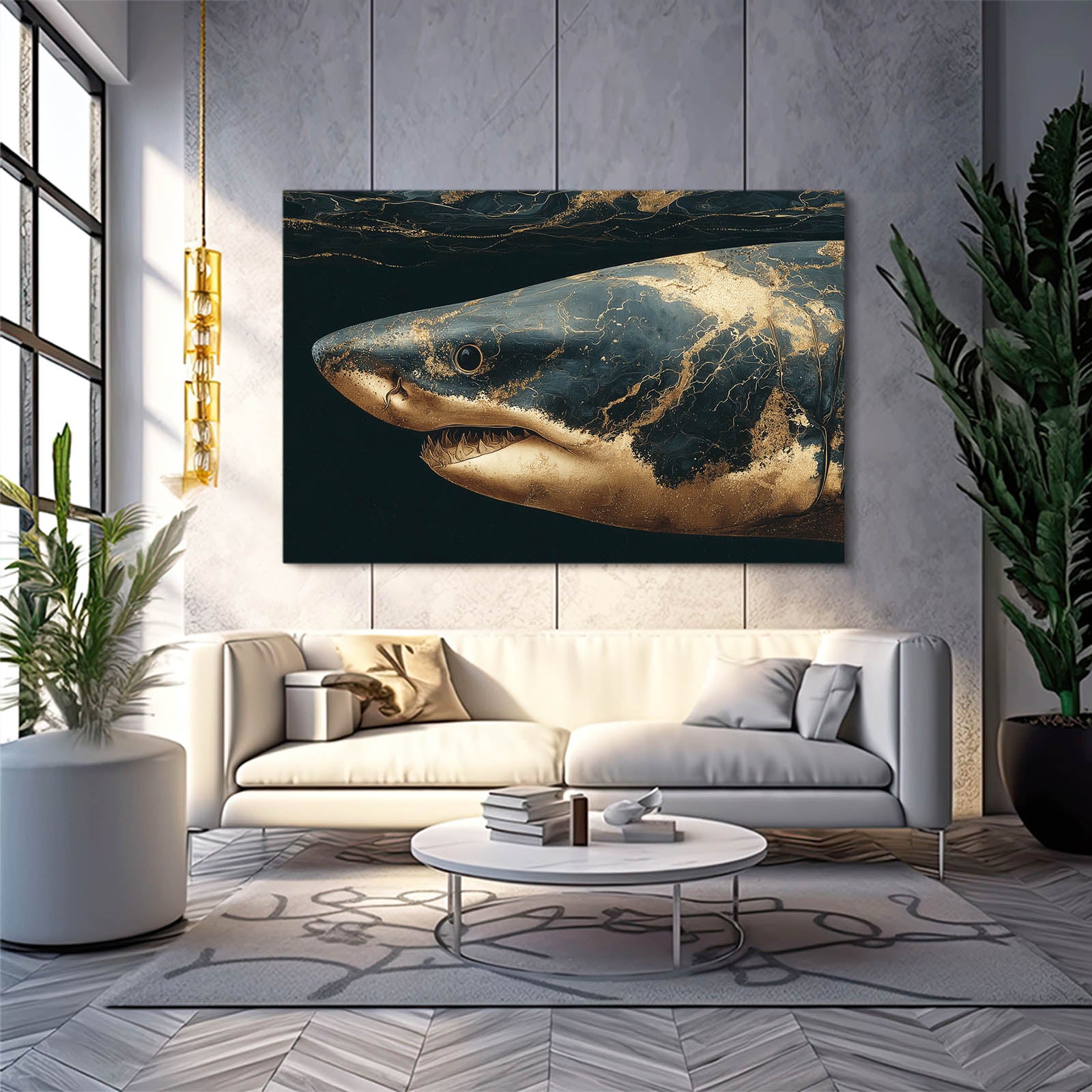 Dark Gold Marble Shark Canvas Art – styled in a furnished interior
