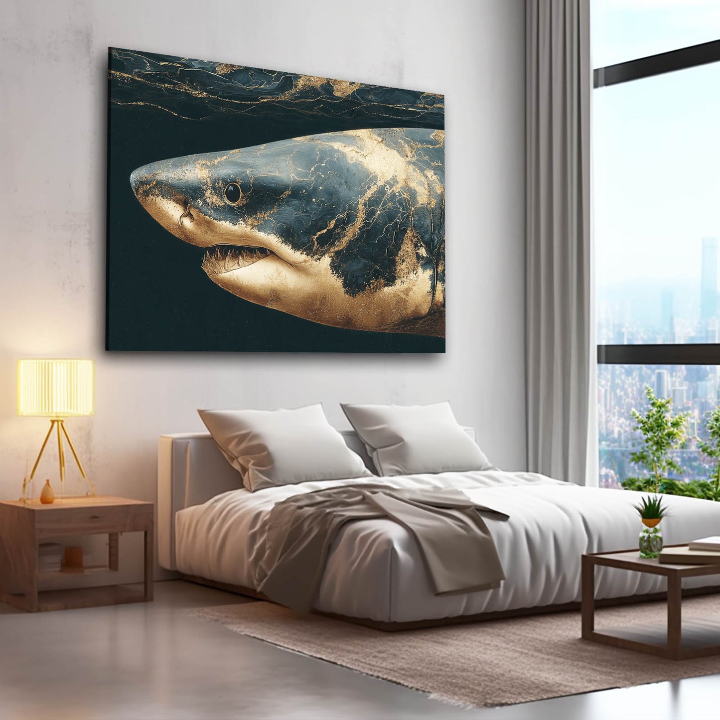 Dark Gold Marble Shark Canvas Art – styled in a furnished interior
