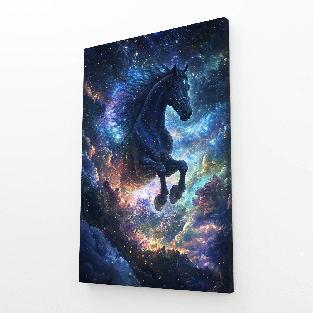 Dark Night Horse Artwork – angled canvas view on white background