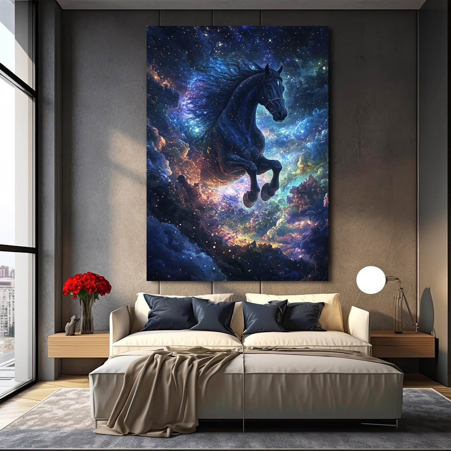 Dark Night Horse Artwork – angled canvas view on white background