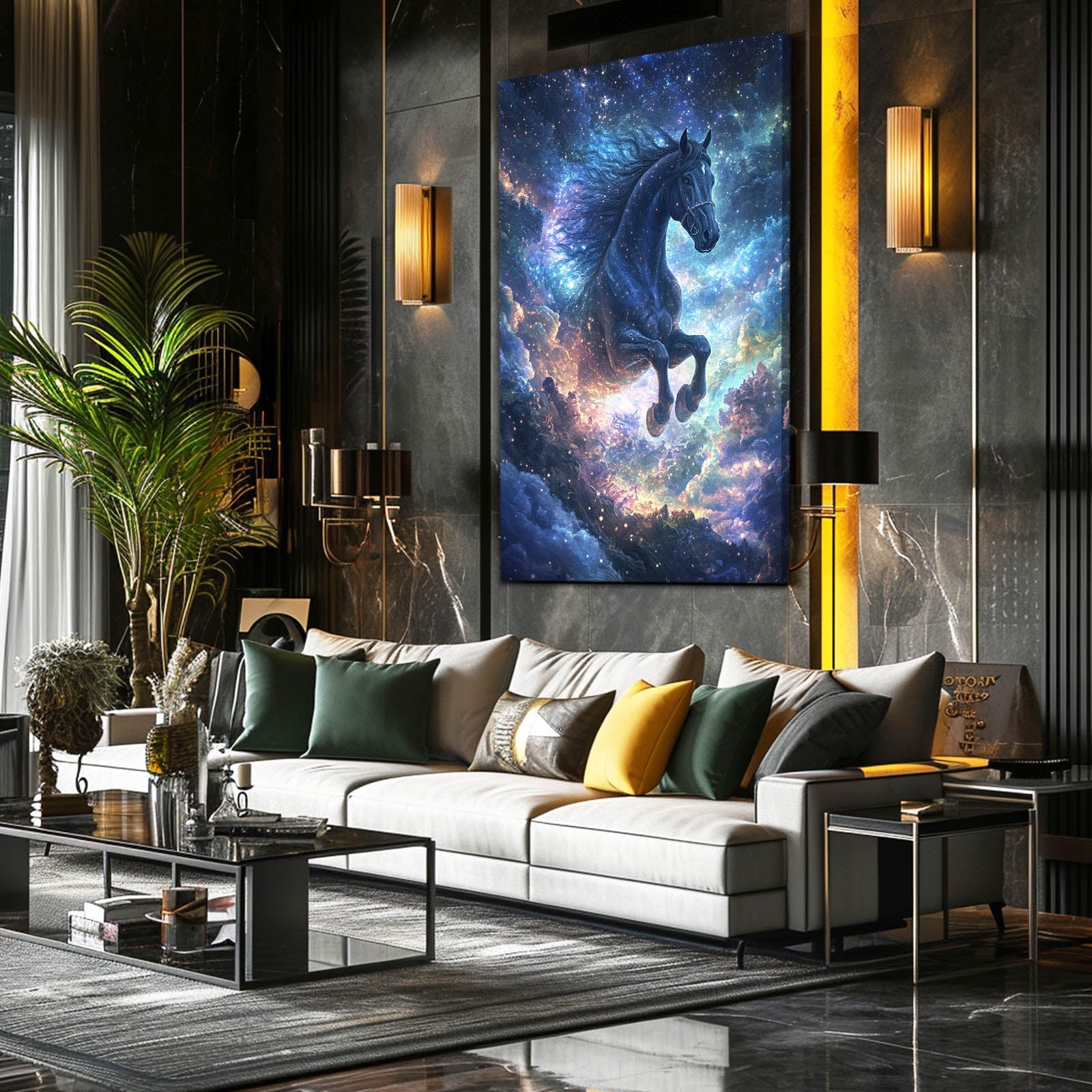 Dark Night Horse Artwork – angled canvas view on white background