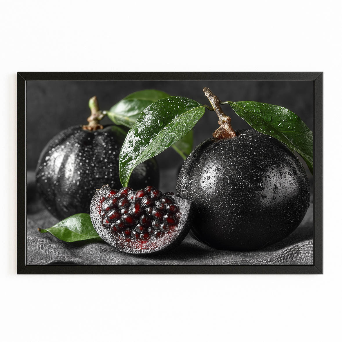 Dark Pomegranate Moody Fruit Wall Decor – with Premium Black frame on white background