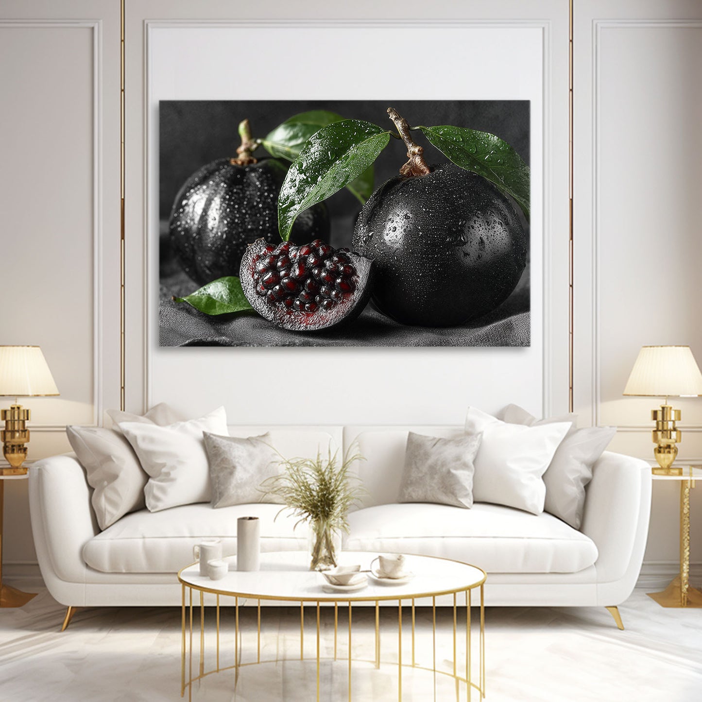 Dark Pomegranate Moody Fruit Wall Decor – styled in a furnished interior