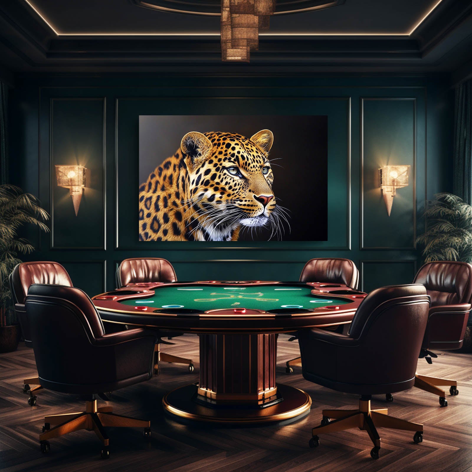 Dark Profile Portrait Leopard Art – styled in a furnished interior