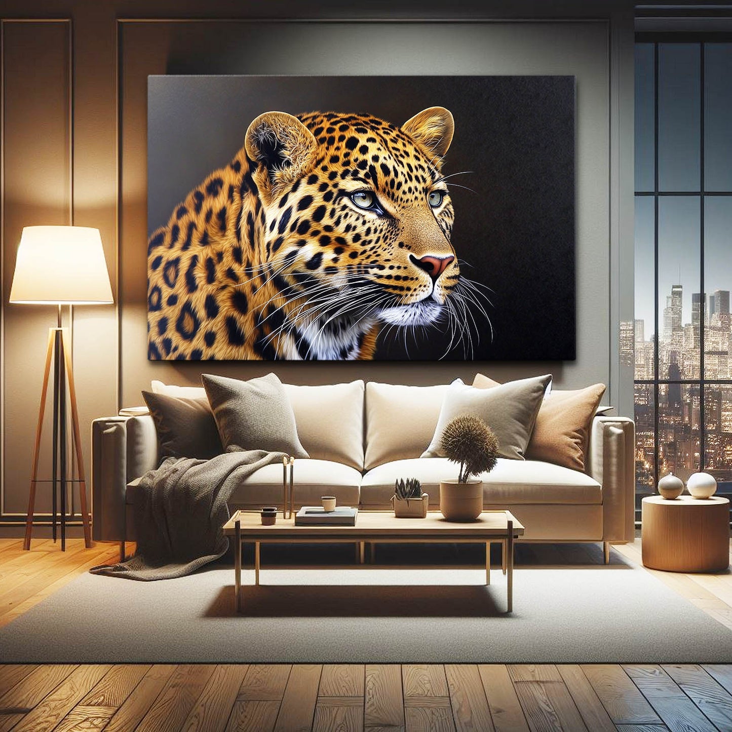 Dark Profile Portrait Leopard Art – styled in a furnished interior